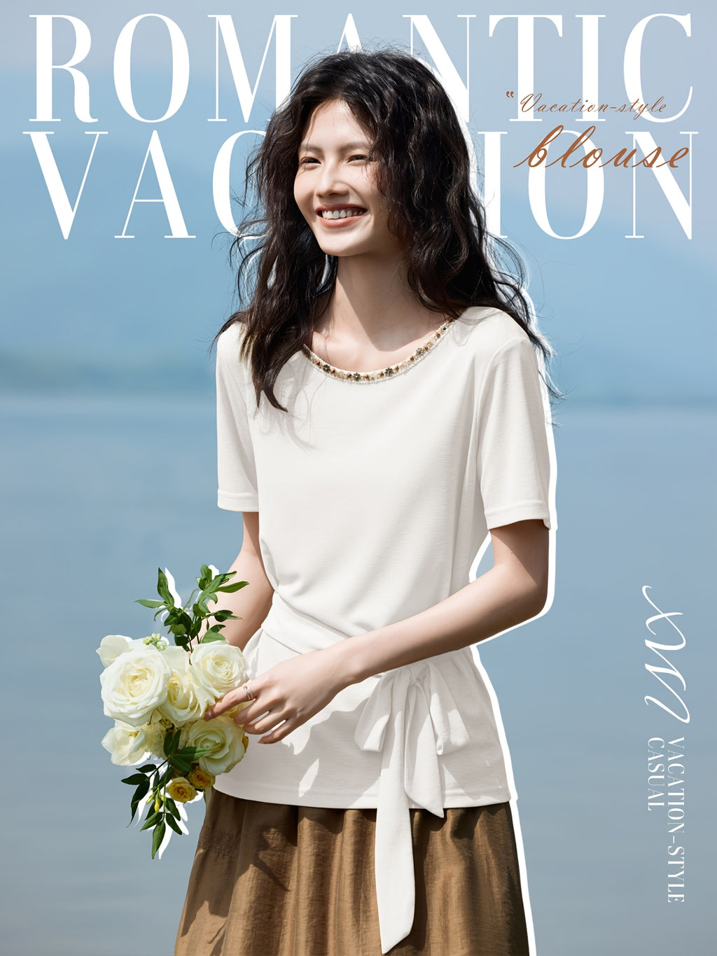 Elegant Waist Tie T-Shirt XWI Women's Elegant Short Sleeve T-Shirt | Spring Summer Casual Top with Waist Tie-Belt Detail, Semi-Sheer Round Neck, H-Line Fit, Machine Washable