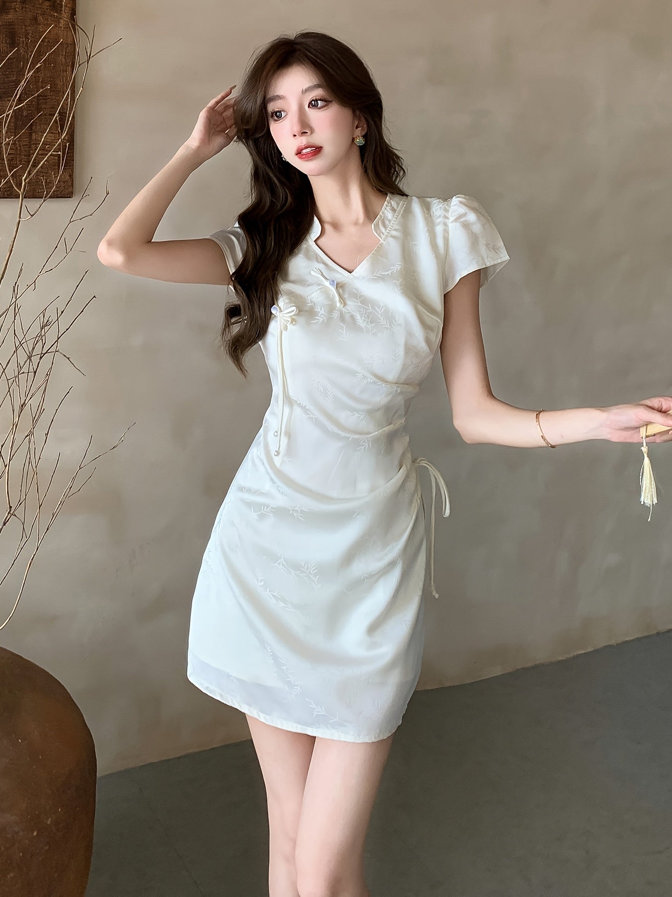 Jacquard Satin Lace-Up Drawstring Elegant Dress