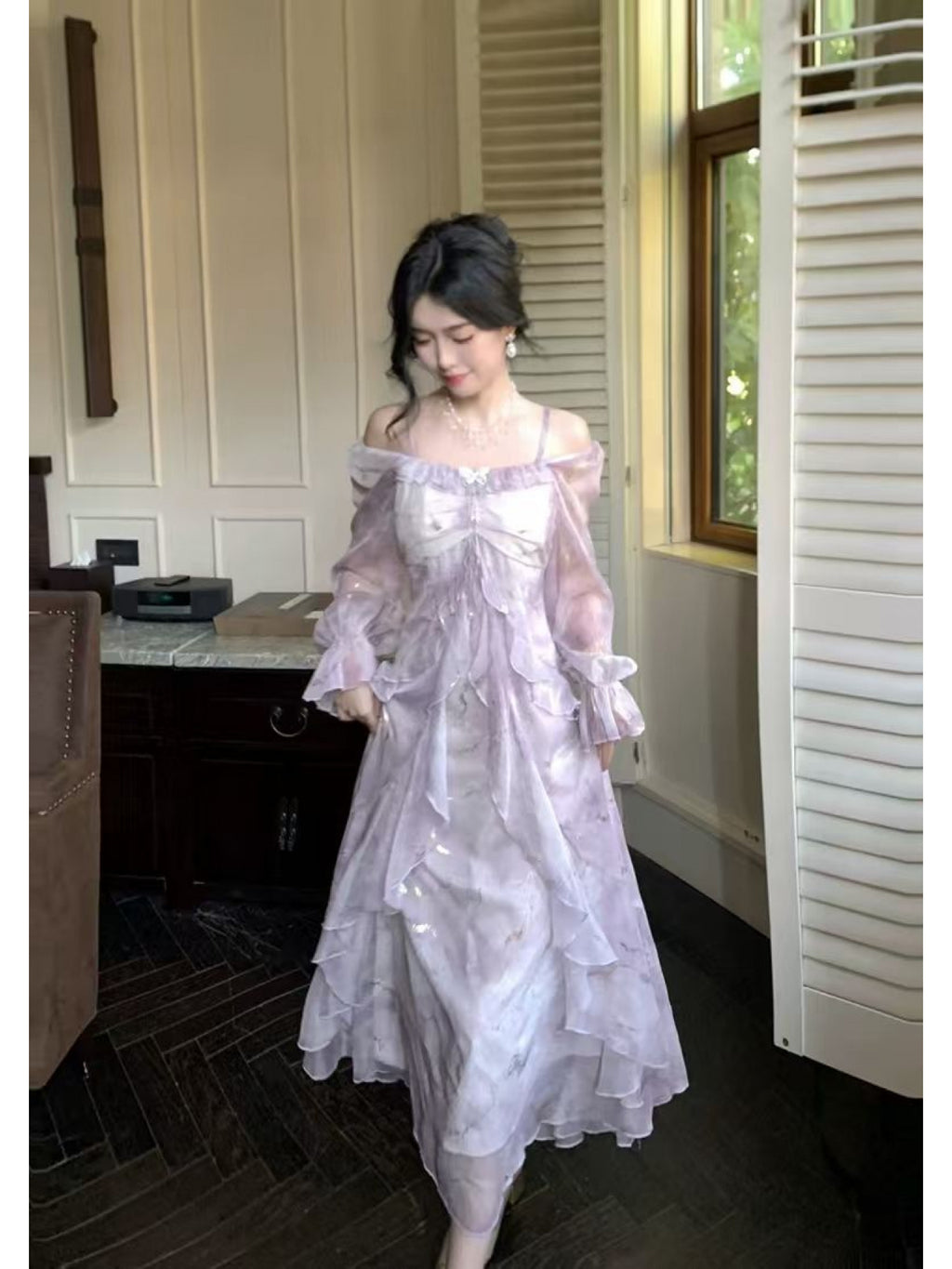 Elegant Gray-Blue Ombre Ruffled Long Sleeve Dress with Princess Sleeves & Square Neckline - Bodycon Floor-Length Summer Dress for Women, Machine Washable