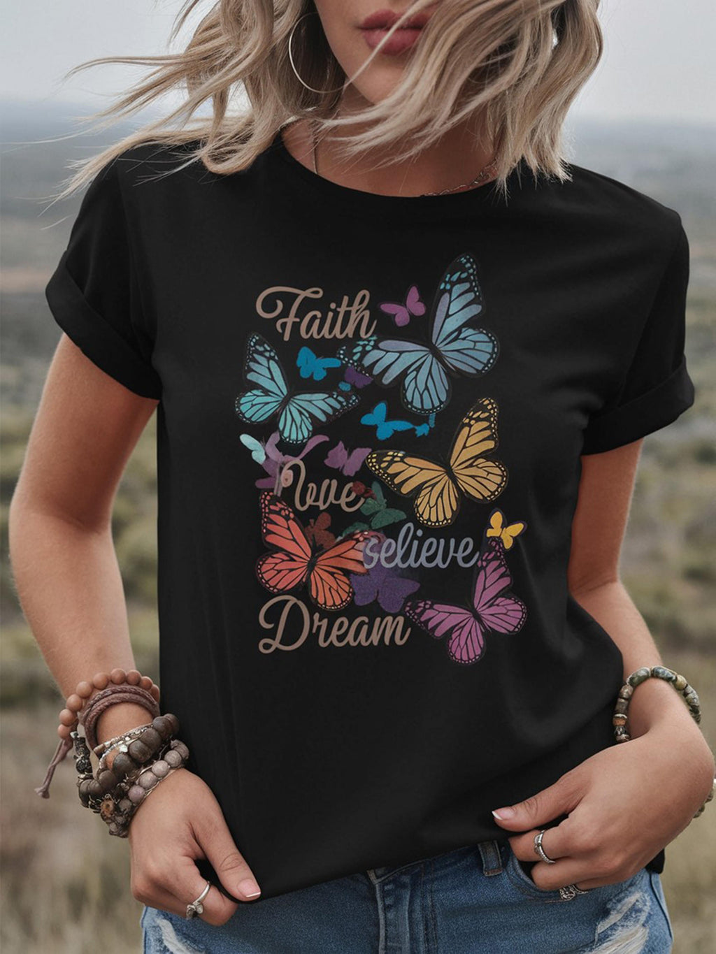 1pc Women'S Cotton Crew Neck T-Shirt with Colorful Butterfly Print, Geometric Pattern, Breathable Knit Fabric, Regular Length - All Seasons Casual Style