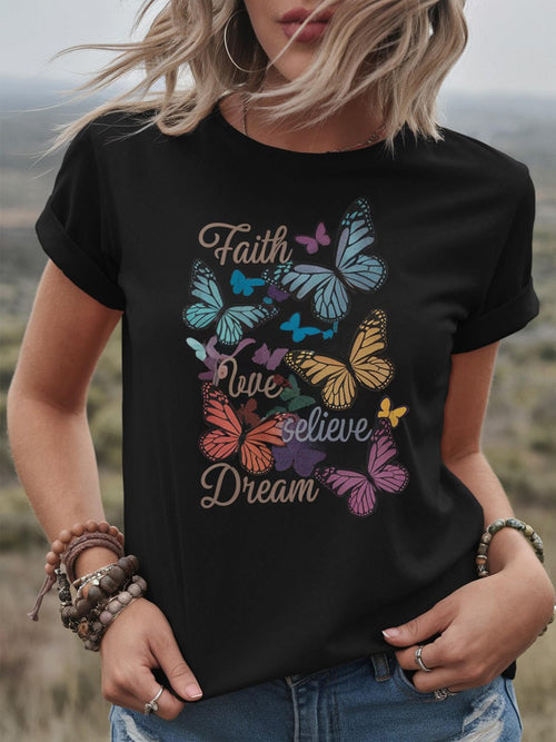 1pc Women'S Cotton Crew Neck T-Shirt with Colorful Butterfly Print, Geometric Pattern, Breathable Knit Fabric, Regular Length - All Seasons Casual Style