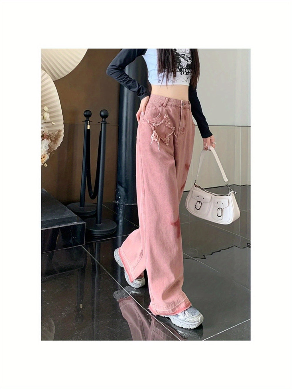 Women's Retro Star Embroidered Color-Block Jeans, Loose Fit with Frayed Hem, Pink & White Two-Tone Design, Versatile Streetwear Style, 100%, Machine Washable, Relaxed Fit Pants | Twotone Denim | Side Pockets Style