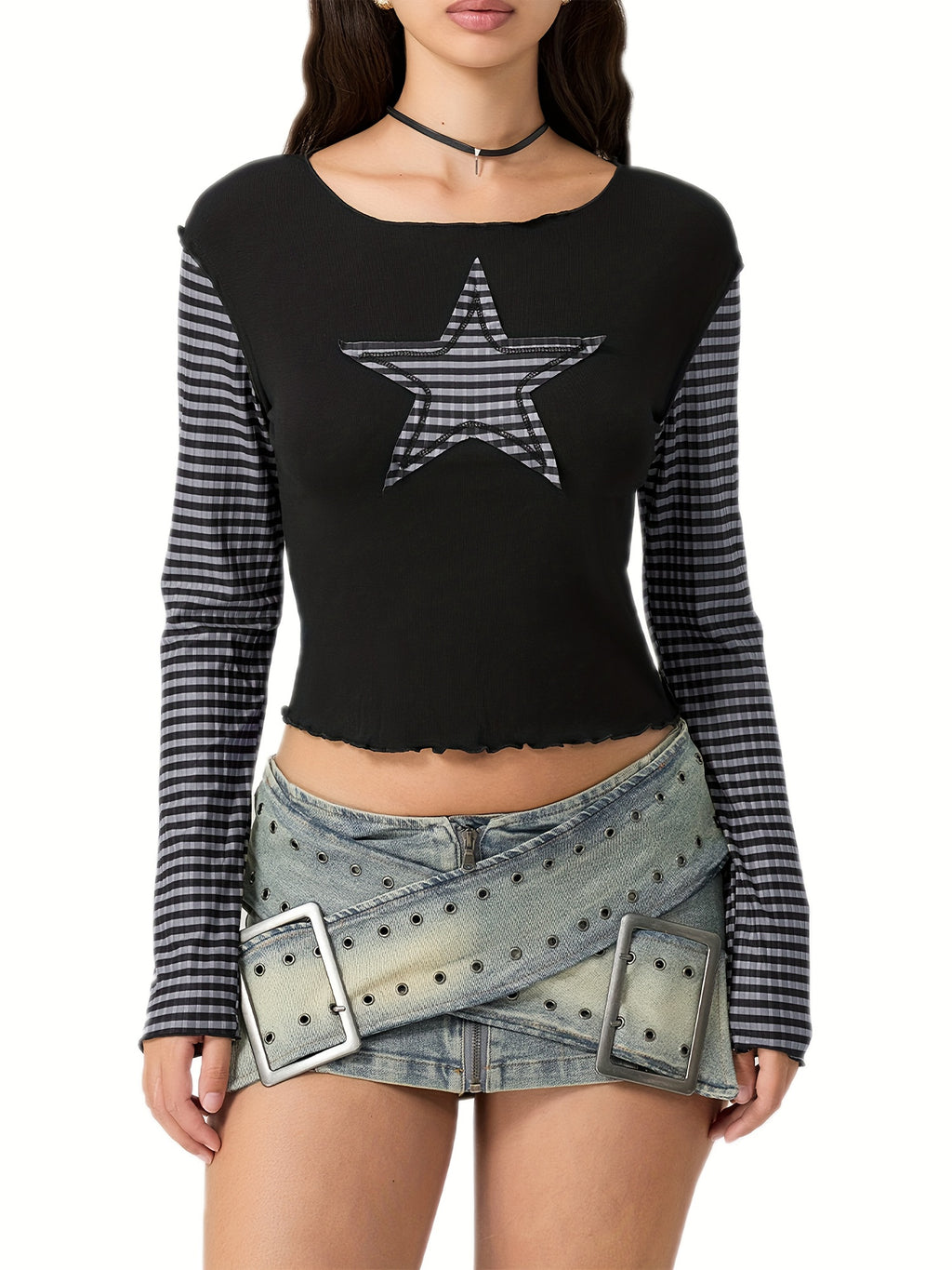 Women's Slim Fit Long Sleeve Crew Neck T-Shirt with Star & Stripes Design - Black & White Casual Top for Casual Attire, Polyester Blend, Machine Washable, Spring Summer Top | Star Stripe Design | Knit Fabric Tee