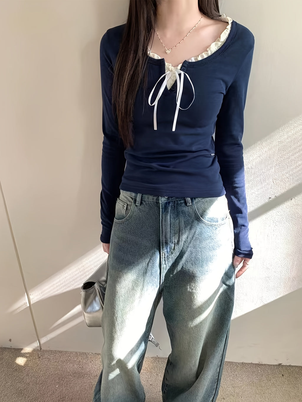 Women'S Slim-Fit Long Sleeve V-Neck Top with Ruffled Trim & Tie Detail - Stretchy Casual Chic Blouse for Spring\u002FFall, Versatile Layering Piece, Spring Fashion Top | Ruffled Trim Top | Stretchy Fabric