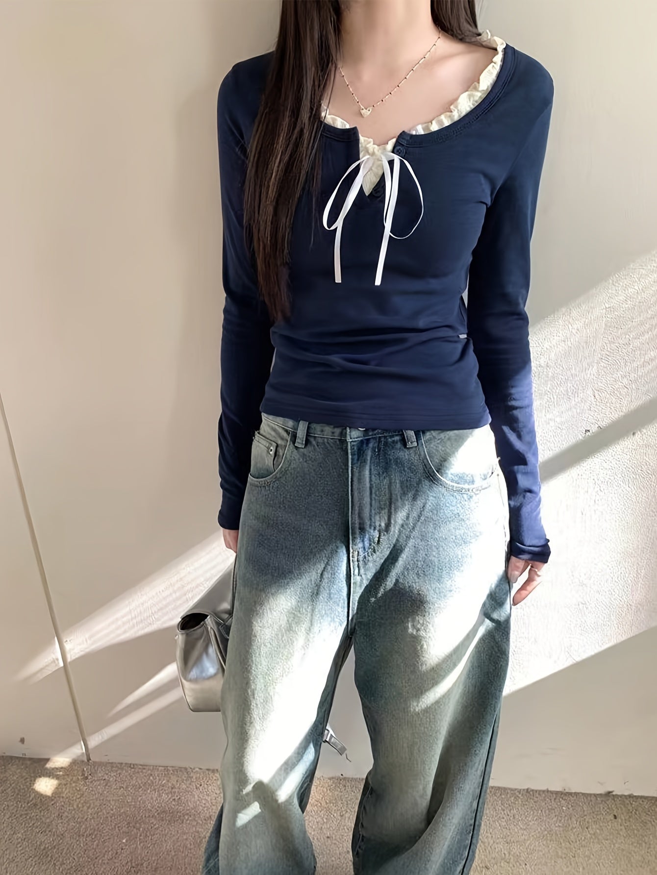 Women'S Slim-Fit Long Sleeve V-Neck Top with Ruffled Trim & Tie Detail - Stretchy Casual Chic Blouse for Spring\u002FFall, Versatile Layering Piece, Spring Fashion Top | Ruffled Trim Top | Stretchy Fabric