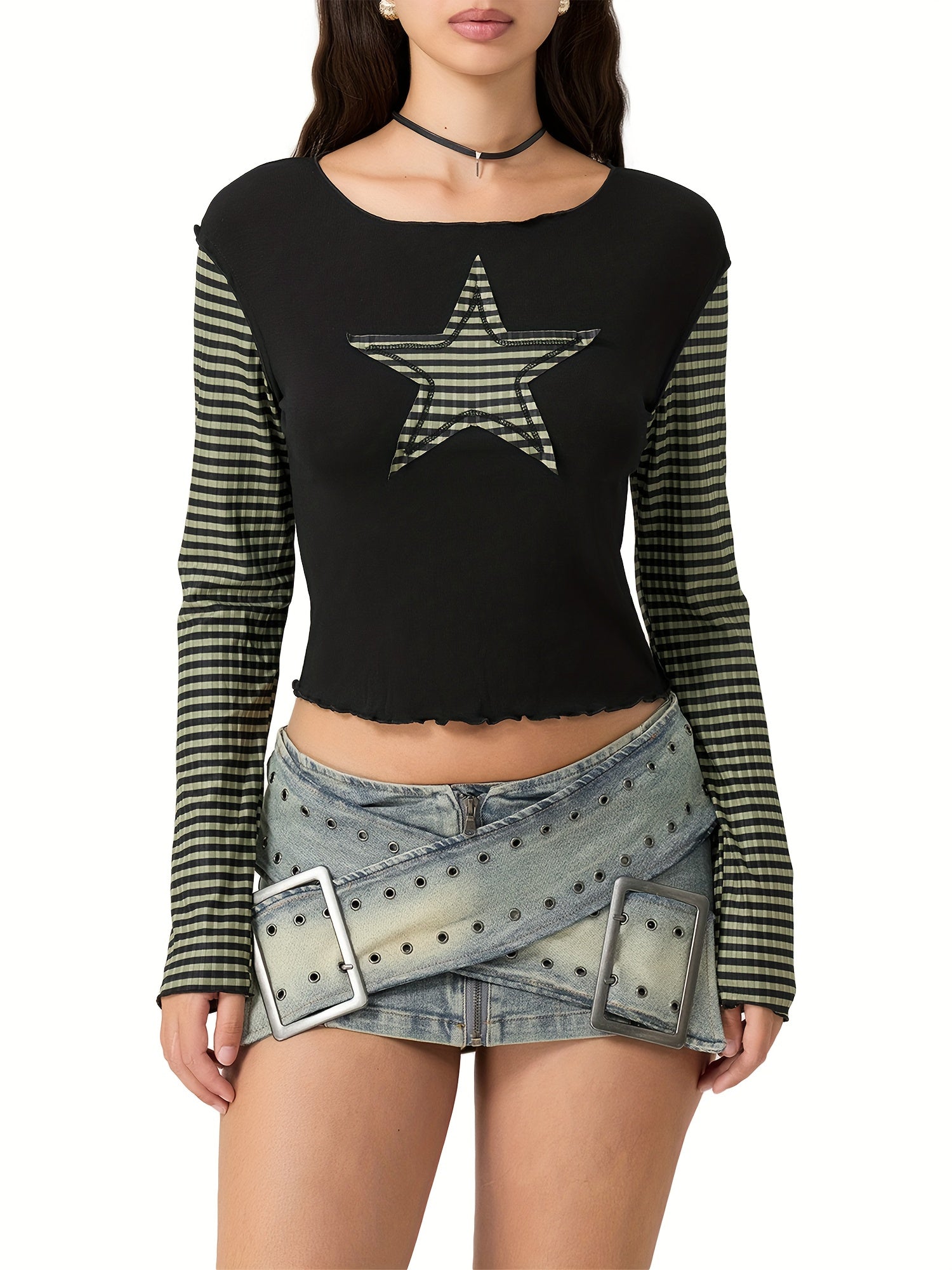 Women's Slim Fit Long Sleeve Crew Neck T-Shirt with Star & Stripes Design - Black & White Casual Top for Casual Attire, Polyester Blend, Machine Washable, Spring Summer Top | Star Stripe Design | Knit Fabric Tee