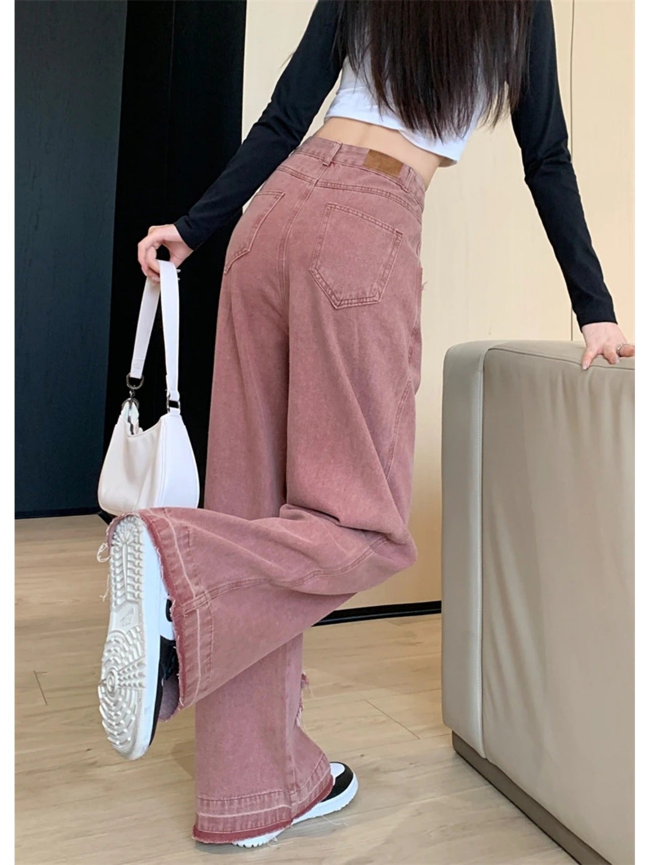 Women's Retro Star Embroidered Color-Block Jeans, Loose Fit with Frayed Hem, Pink & White Two-Tone Design, Versatile Streetwear Style, 100%, Machine Washable, Relaxed Fit Pants | Twotone Denim | Side Pockets Style