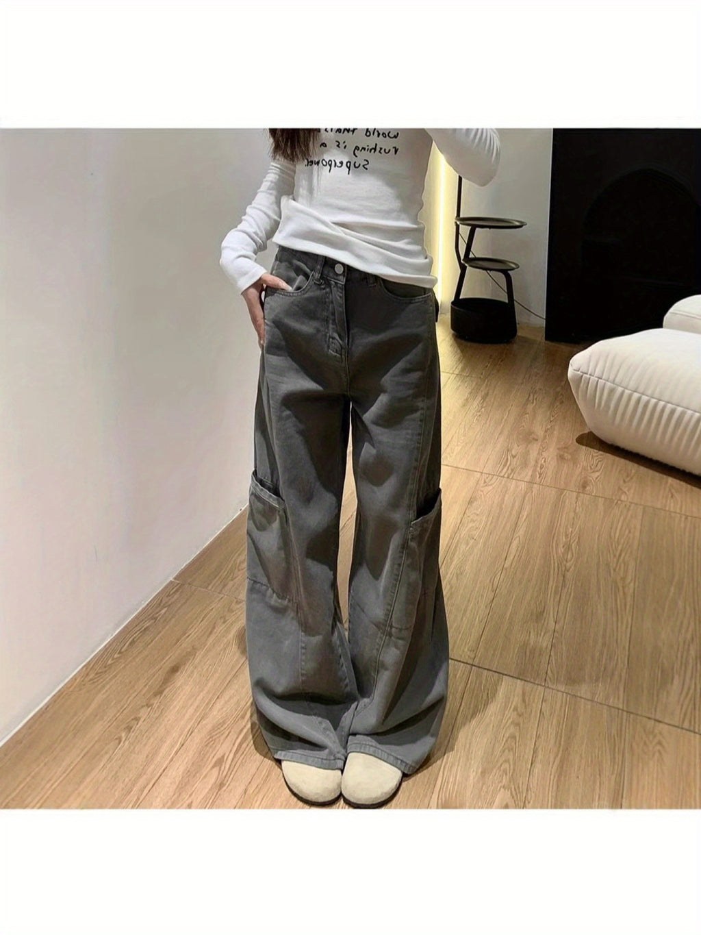 Gray Wide-Leg Cargo Pants for Women, Summer New Style, Plus Size, Loose Fit, Pear-Shaped Body, Straight-Leg Jeans