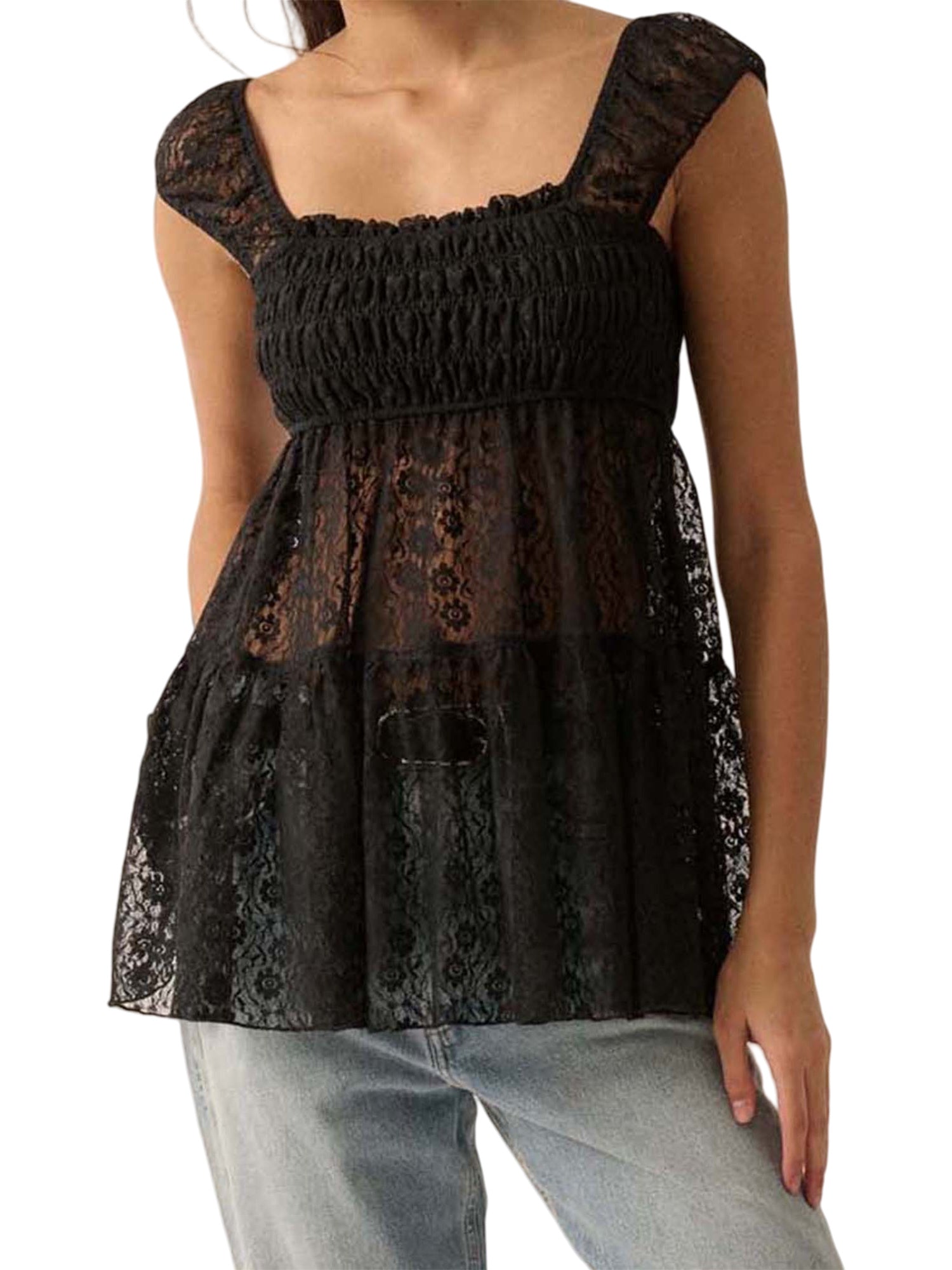 Women's Black Floral Lace Square Neck Blouse - Smocked Cap Sleeve, Semi-Sheer Summer Top, Casual Streetwear for Spring\u002FSummer, Ladies Blouses
