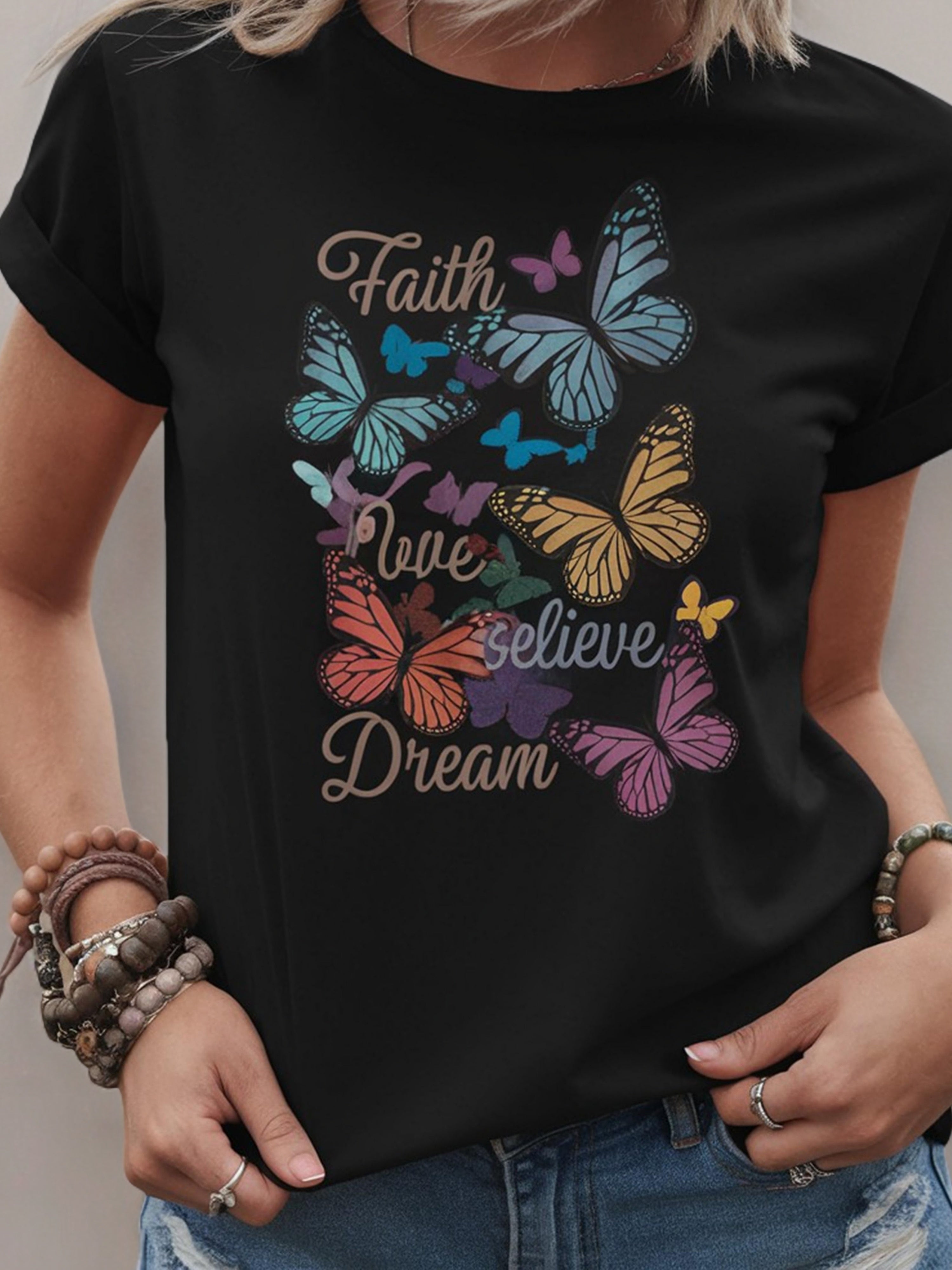 1pc Women'S Cotton Crew Neck T-Shirt with Colorful Butterfly Print, Geometric Pattern, Breathable Knit Fabric, Regular Length - All Seasons Casual Style