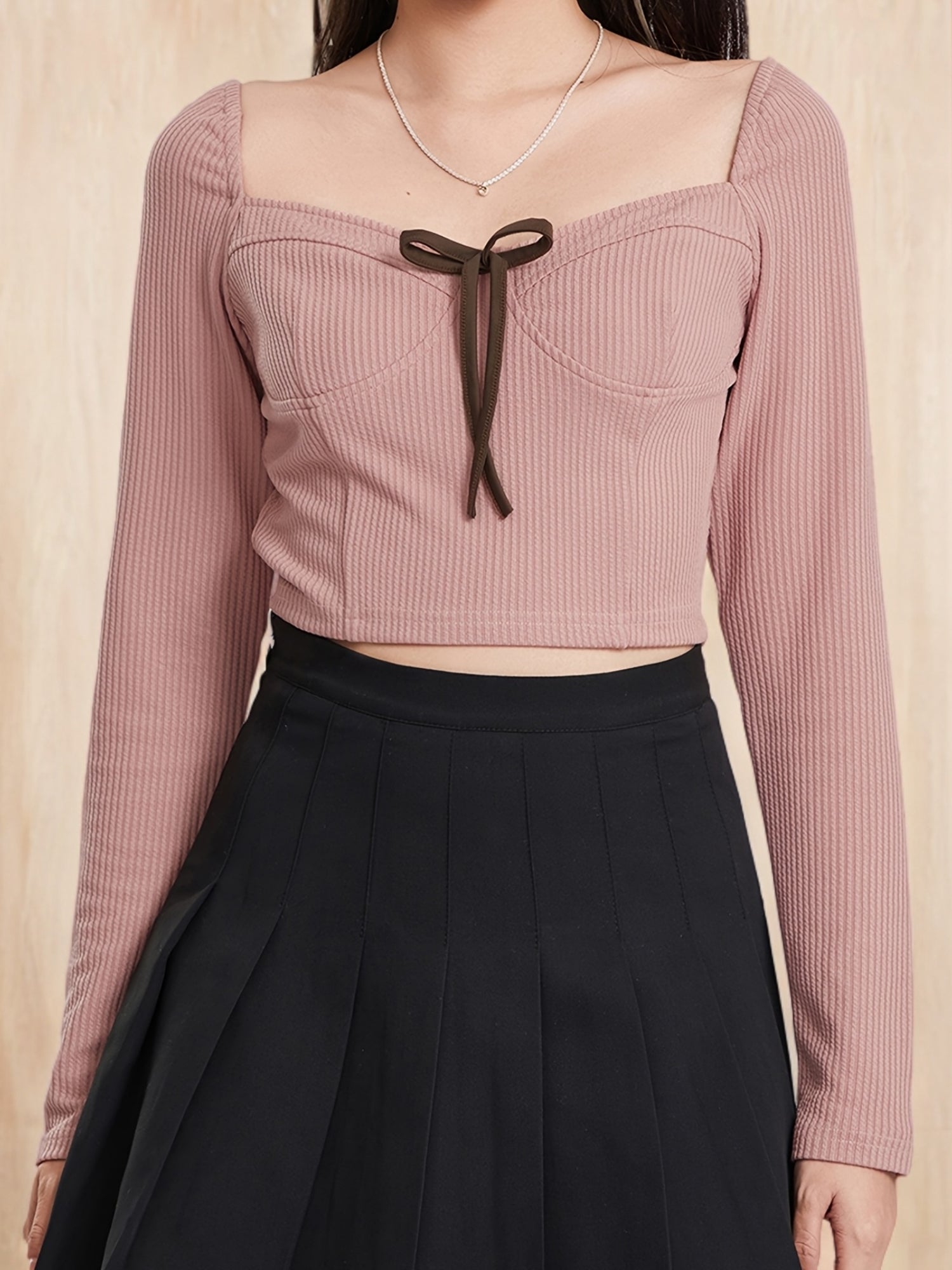 1pc Women'S Cotton Ribbed Long Sleeve Crop Top with Sweetheart Neckline and Bow Tie Detail - Casual Square Neck Knit Fabric Solid Color Tops for All Seasons