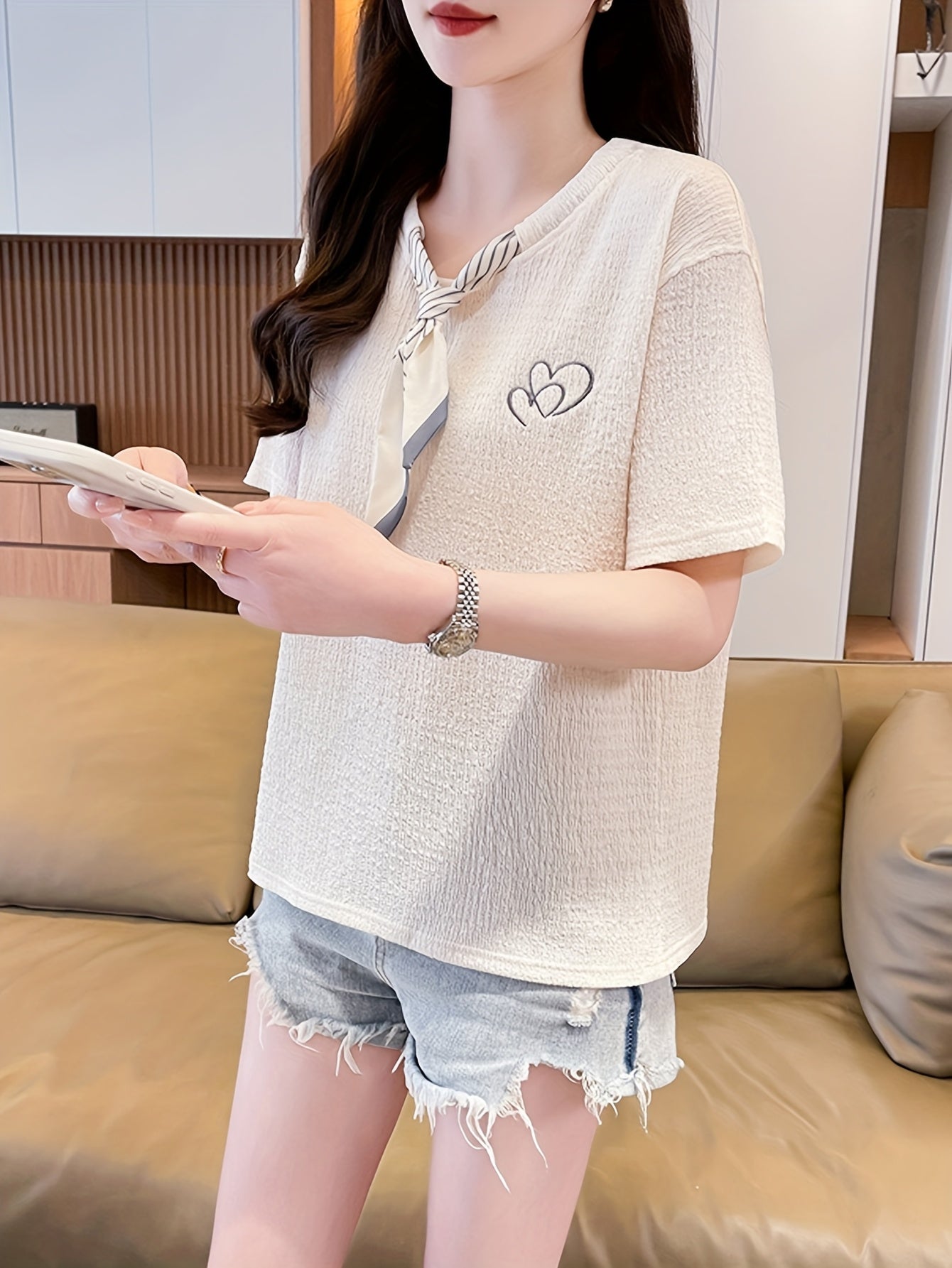 Women's Summer Casual Short Sleeve T-Shirt - Embroidered Heart Design, Relaxed Fit, Breathable Fabric, Machine Washable, Friendly, Japanese Korean Fashion Style, Cute Short Sleeve Tops, Twisted Neck Design, Durable Casual Attire, Textured Fabric Tee
