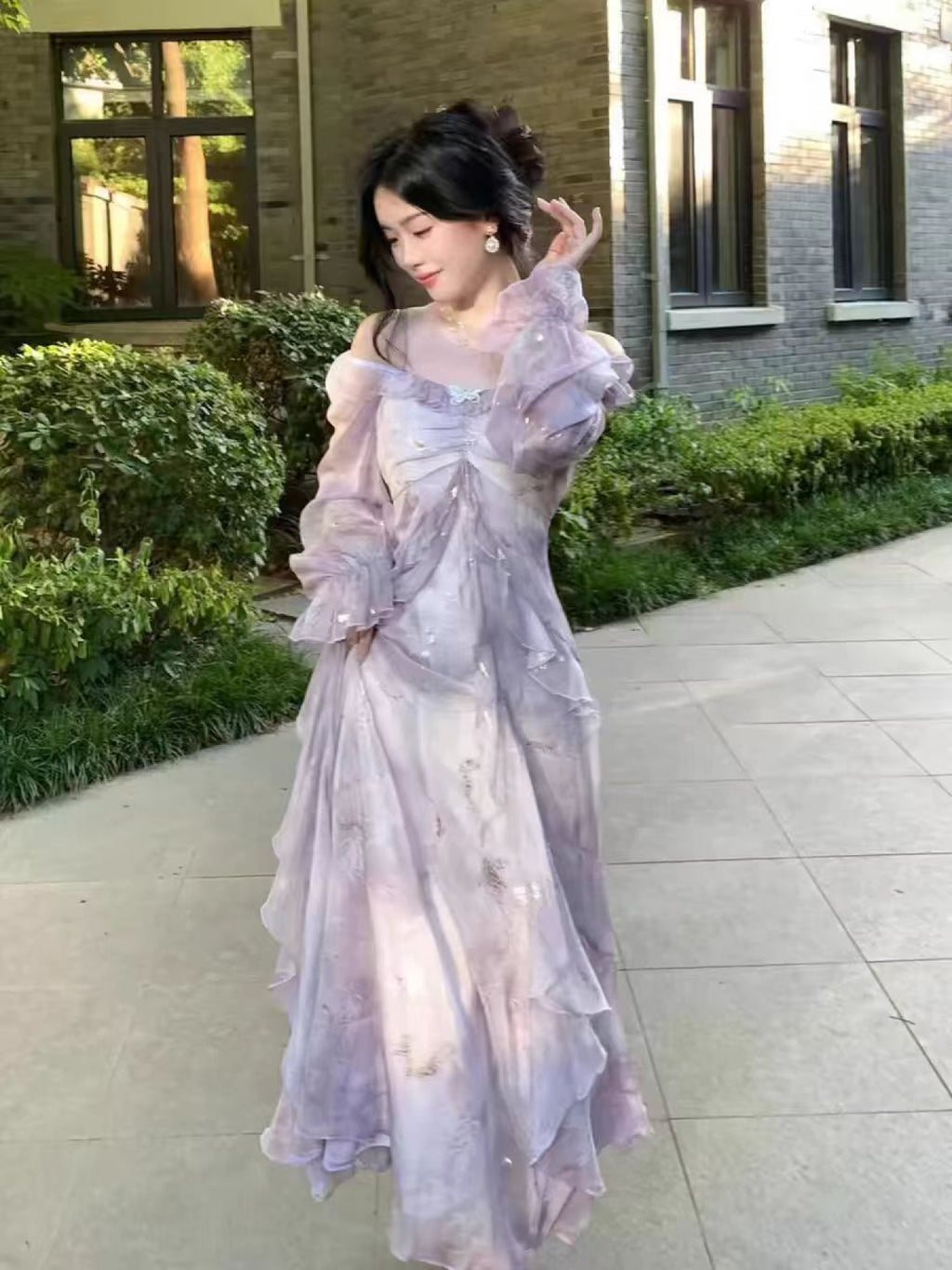 Elegant Gray-Blue Ombre Ruffled Long Sleeve Dress with Princess Sleeves & Square Neckline - Bodycon Floor-Length Summer Dress for Women, Machine Washable