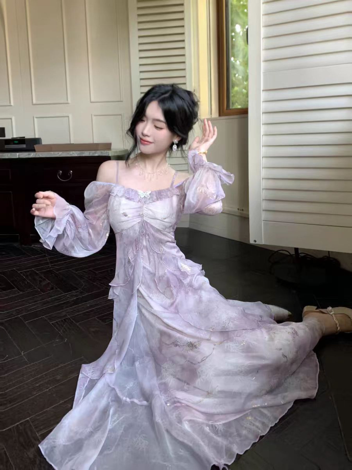 Elegant Gray-Blue Ombre Ruffled Long Sleeve Dress with Princess Sleeves & Square Neckline - Bodycon Floor-Length Summer Dress for Women, Machine Washable