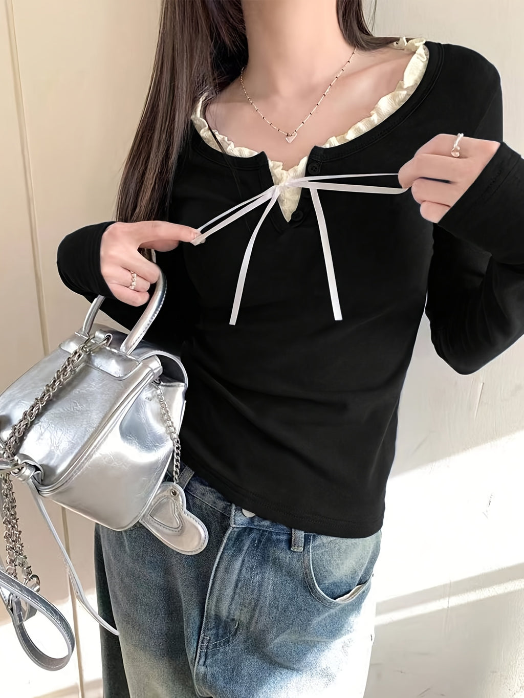 Women'S Slim-Fit Long Sleeve V-Neck Top with Ruffled Trim & Tie Detail - Stretchy Casual Chic Blouse for Spring\u002FFall, Versatile Layering Piece, Spring Fashion Top | Ruffled Trim Top | Stretchy Fabric