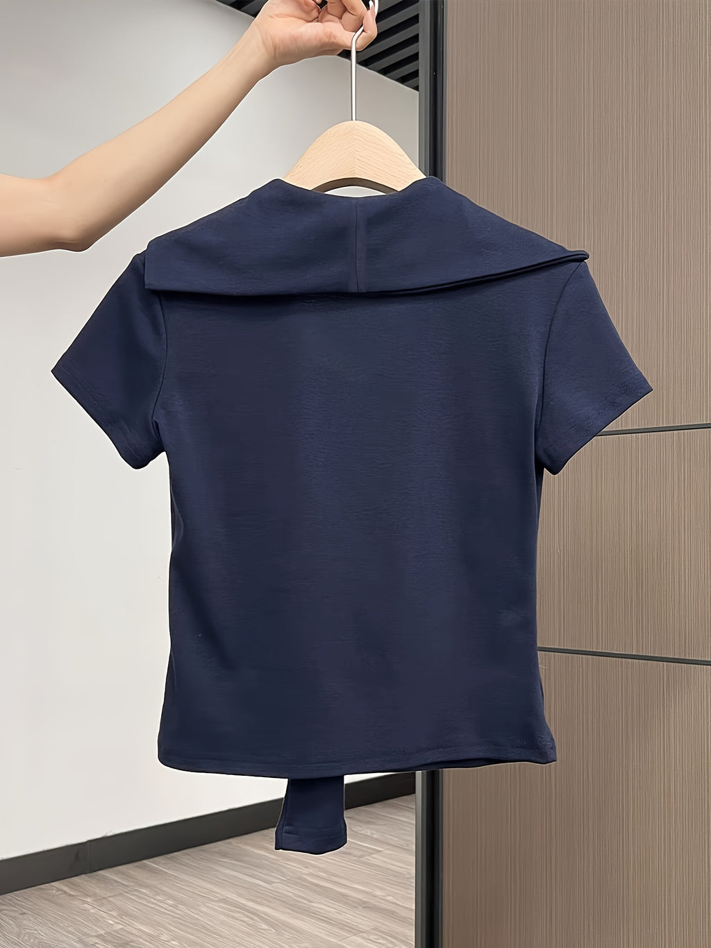 Women'S Elegant Navy Blue V-Neck T-Shirt - Slim Fit Blouse with Tie-like Front, Lightweight Everyday & Formal Tops for Office, Dates, Parties - Machine Washable Women'S Clothing, Date Night Top, Sophisticated Casual Wear, Skinfriendly Fabric