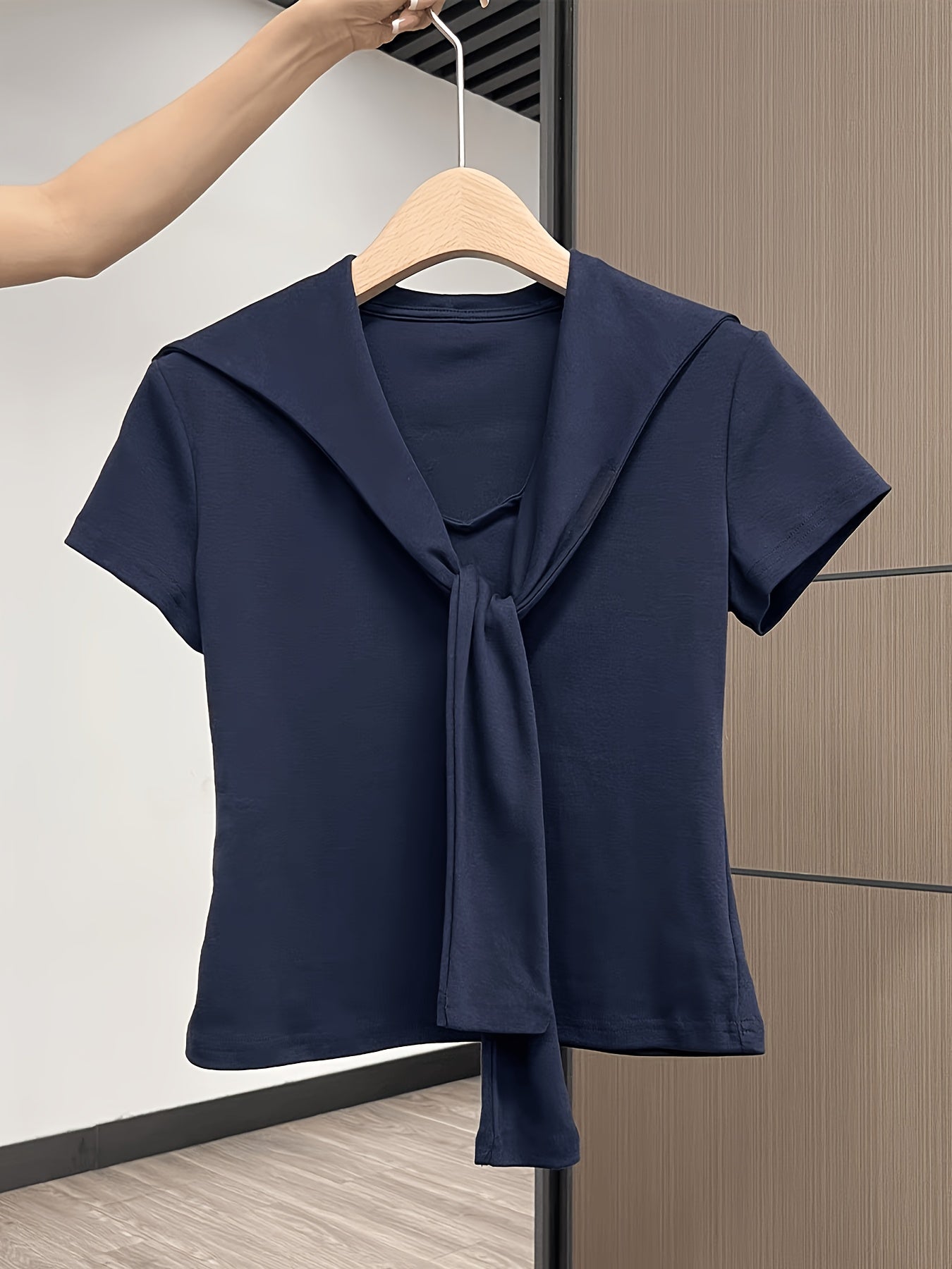 Women'S Elegant Navy Blue V-Neck T-Shirt - Slim Fit Blouse with Tie-like Front, Lightweight Everyday & Formal Tops for Office, Dates, Parties - Machine Washable Women'S Clothing, Date Night Top, Sophisticated Casual Wear, Skinfriendly Fabric