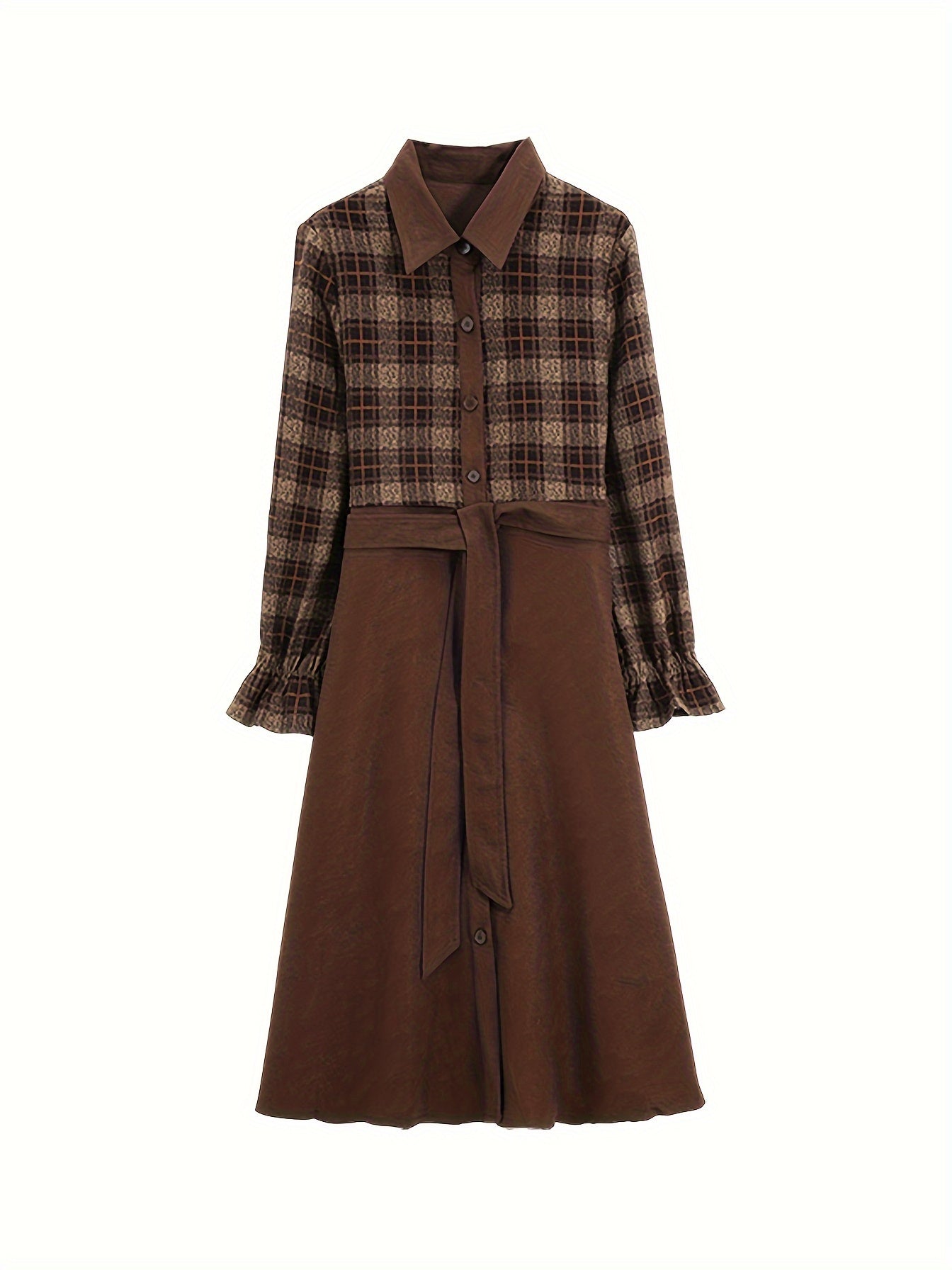 Elegant Skater Dress MOHO&MO Elegant Plaid Lapel Collar Long Sleeve Skater Dress | Polyester Blend Knee-High Sheath Silhouette, Fall\u002FWinter Collection - Middle East Exclusive