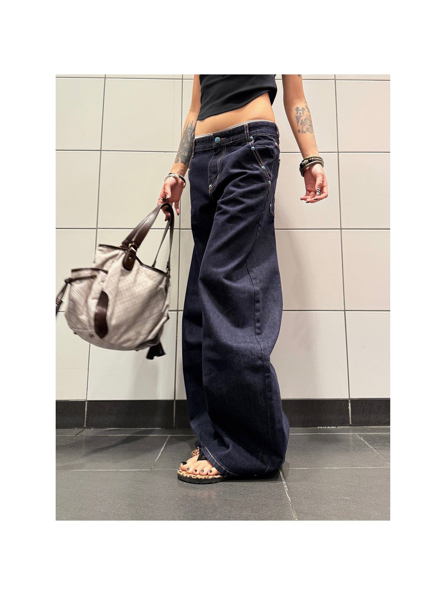 Women's High-Waisted Retro Turquoise Scimitar Jeans - A-Line Straight Wide-Leg Stretch Denim Pants with Beltless Design & Built-In Zipper Closure, All-Season Casual to Semi-Formal Wear, Machine Washable (Original Color, Unisex Style)