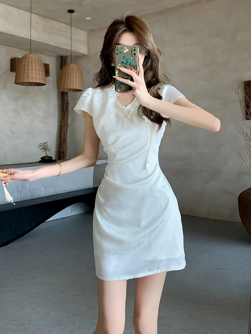 Jacquard Satin Lace-Up Drawstring Elegant Dress