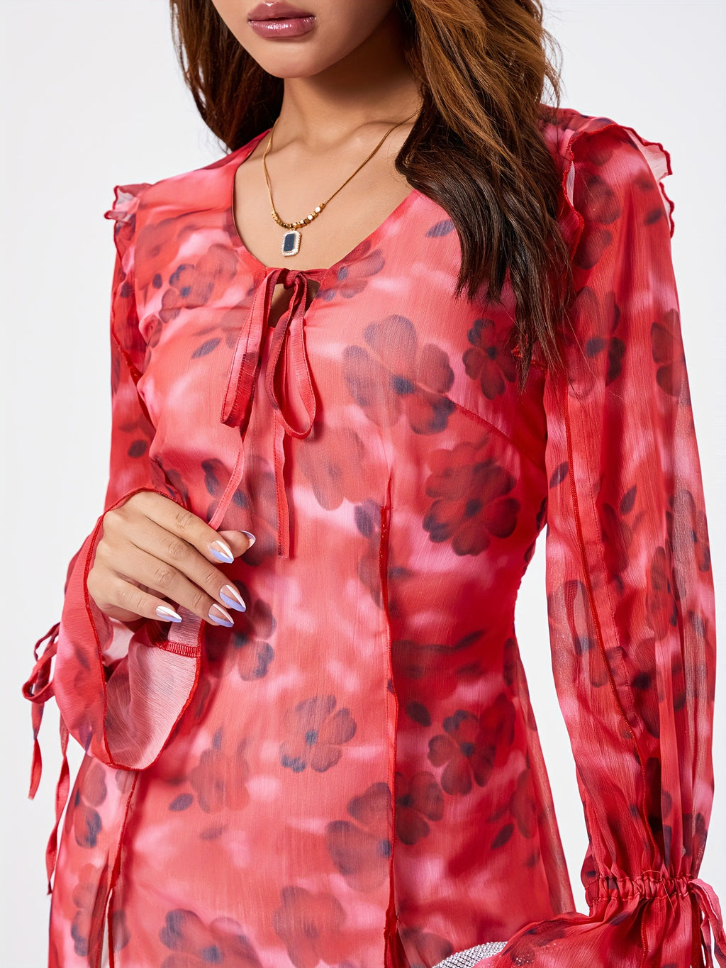 Elegant Floral Print Mini Dress for Women - V-Neck, Long Sleeve with Tie-Front Detail & Split Hem, Lightweight Polyester - Perfect for Spring\u002FSummer Casual or Clubwear, Cute Dress
