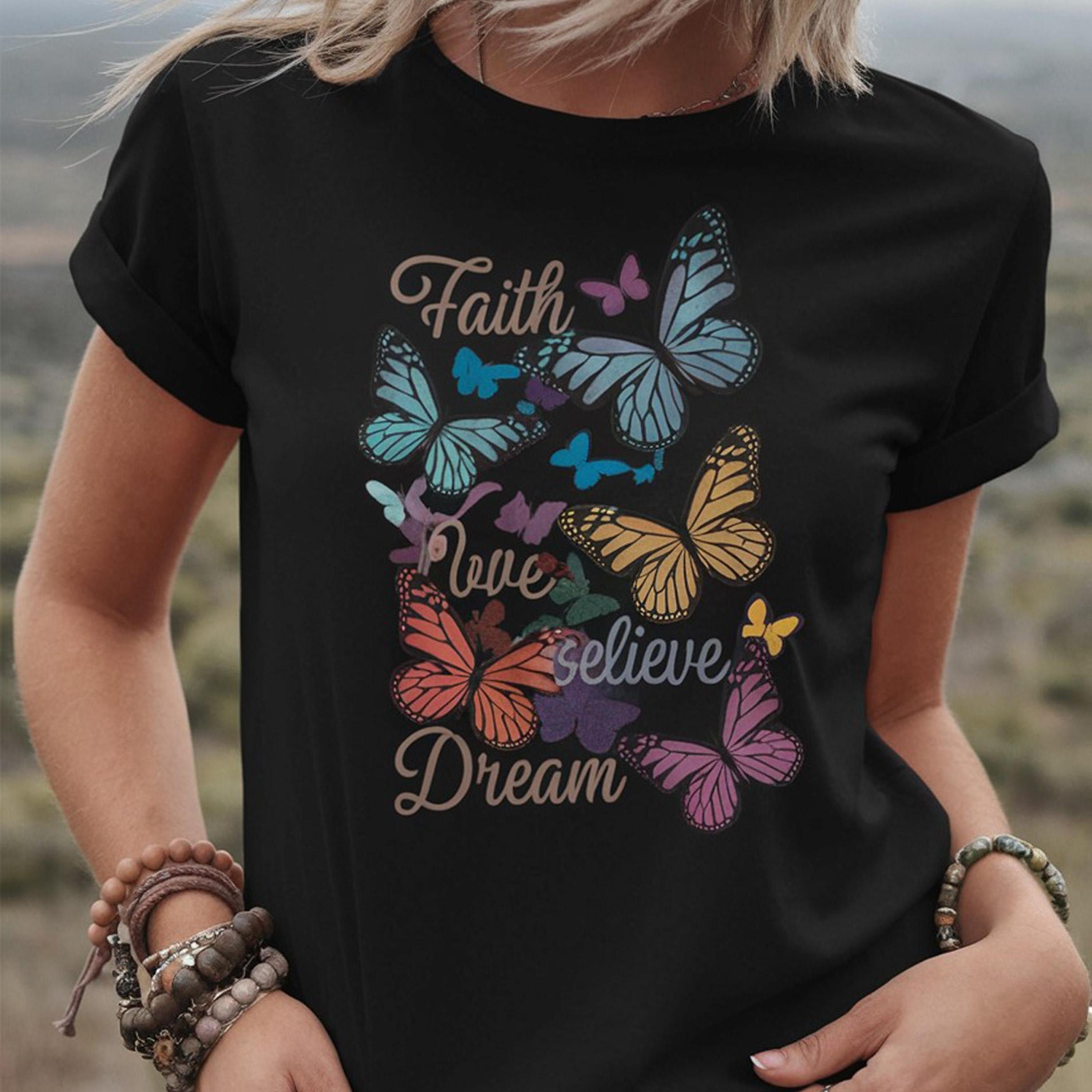 1pc Women'S Cotton Crew Neck T-Shirt with Colorful Butterfly Print, Geometric Pattern, Breathable Knit Fabric, Regular Length - All Seasons Casual Style