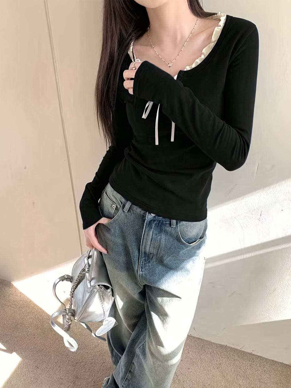 Women'S Slim-Fit Long Sleeve V-Neck Top with Ruffled Trim & Tie Detail - Stretchy Casual Chic Blouse for Spring\u002FFall, Versatile Layering Piece, Spring Fashion Top | Ruffled Trim Top | Stretchy Fabric