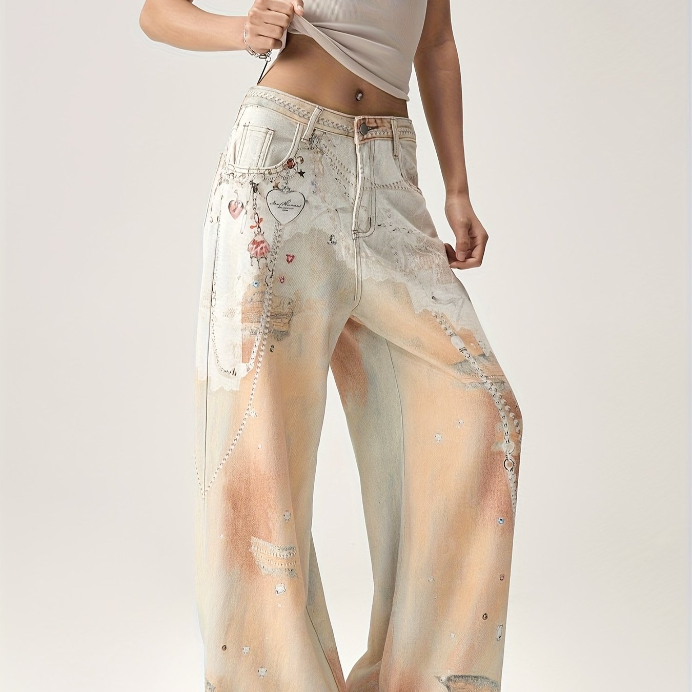 Women'S Retro Wide Leg Jeans with Star & Heart Print - Light Beige, Loose Fit, Non-Stretch Fabric, Casual Summer Style, All-Season Comfort, Comfortable Fashion | Vintage Style Jeans | Nonstretch Fabric