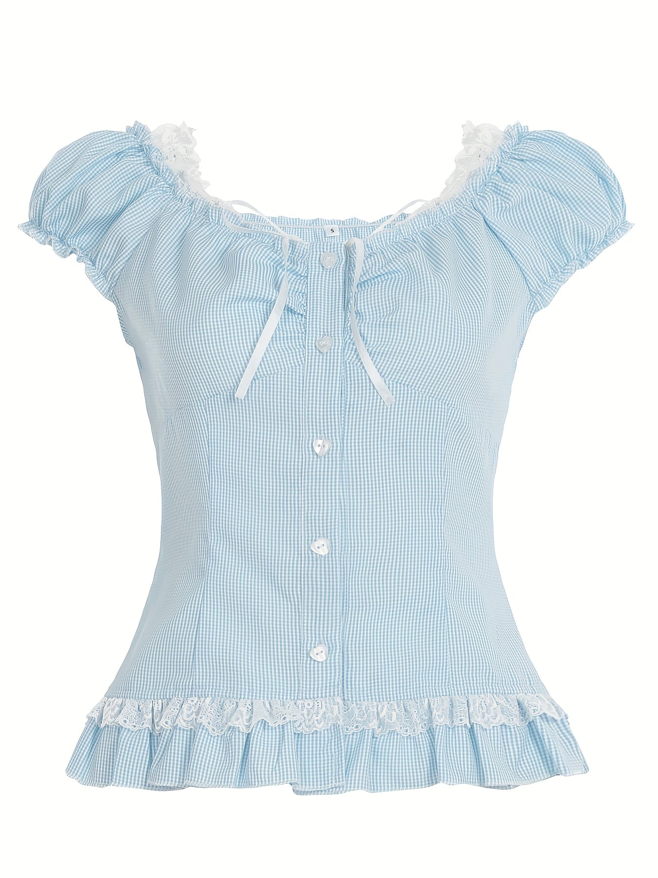 SassyGals Women's French-Inspired Elegant Ruffled Sleeve & Faux Peplum Hem T-Shirt - Light Blue Grid Pattern, Stretchy Polyester\u002FElastane Blend, Waist-Cinching Top for Summer Casual & Semi-Formal Outfits