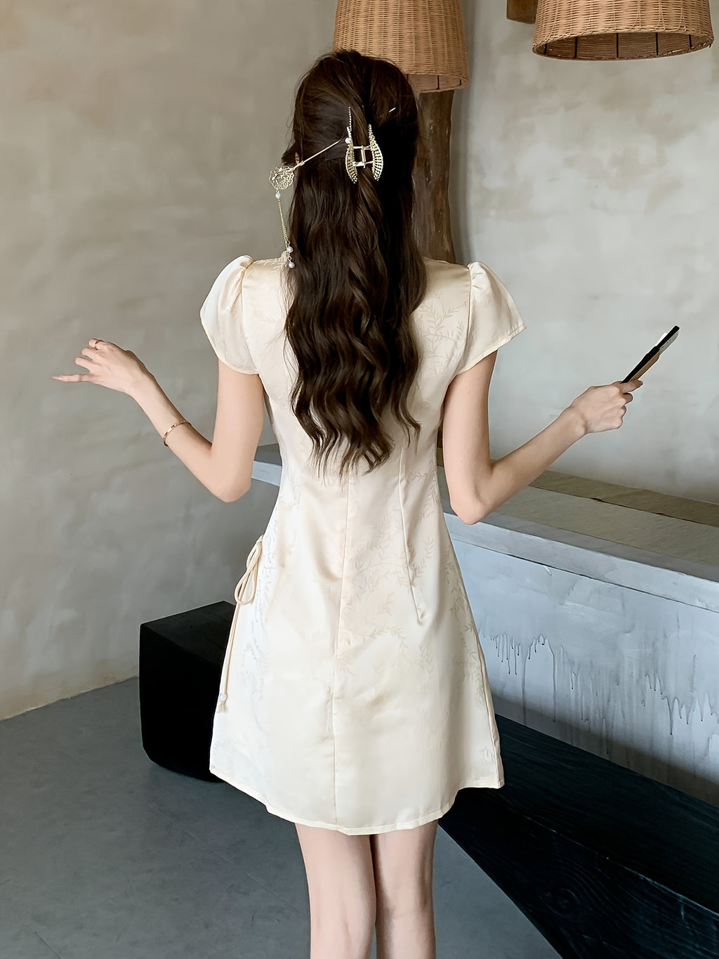 Jacquard Satin Lace-Up Drawstring Elegant Dress