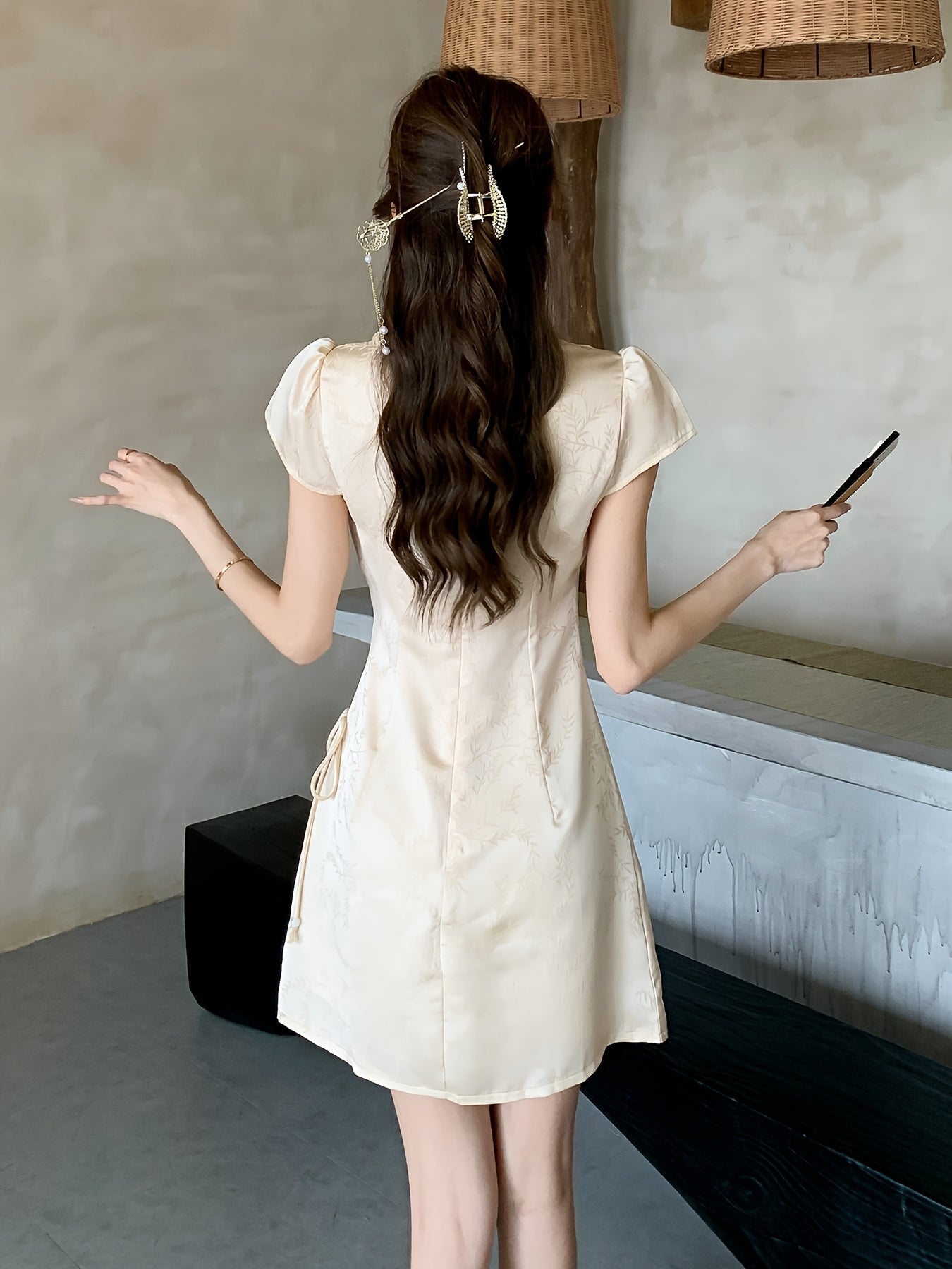 Jacquard Satin Lace-Up Drawstring Elegant Dress