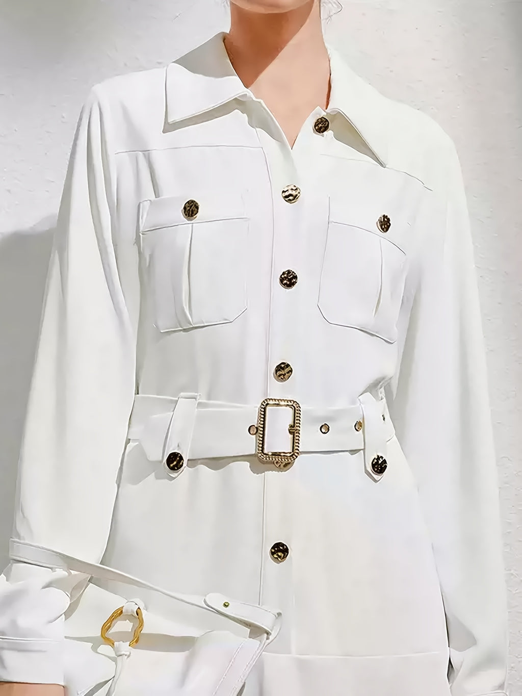 Long-Sleeve White Shirt Dress Elegant Elegant Long-Sleeve White Shirt Dress, Collar, Polyester and Elastane Blend, Machine Washable - Perfect for Spring\u002FAutumn