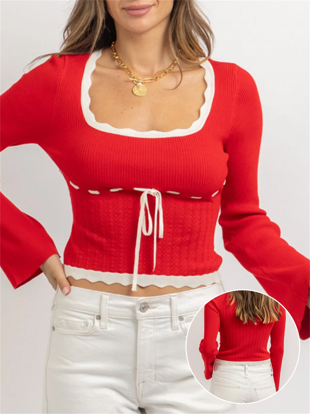 Womens Knit Crop Tops Slim Contrast Trim Bow Square Neck Long Sleeve Shirts Fall Casual Streetwear