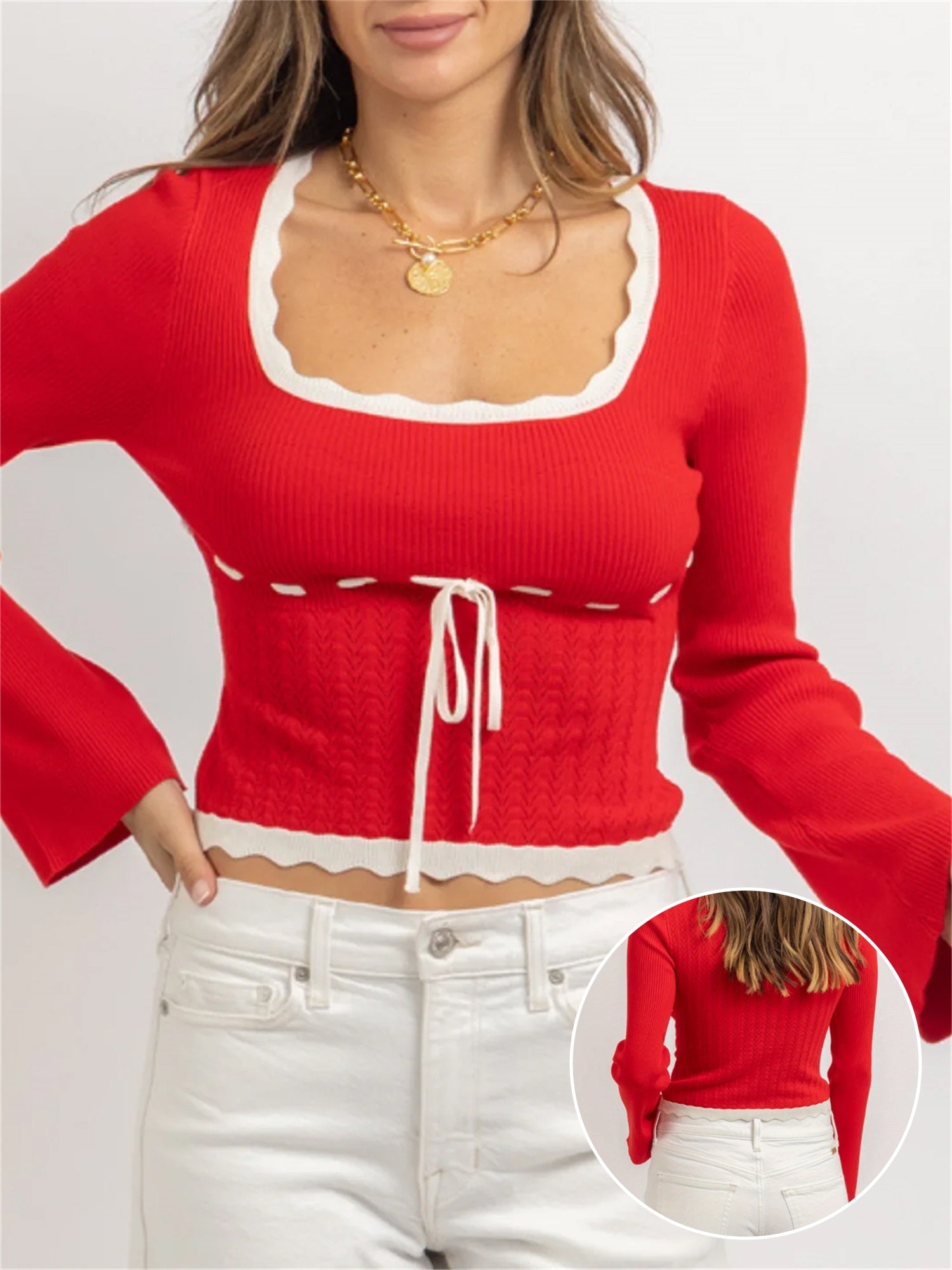 Womens Knit Crop Tops Slim Contrast Trim Bow Square Neck Long Sleeve Shirts Fall Casual Streetwear