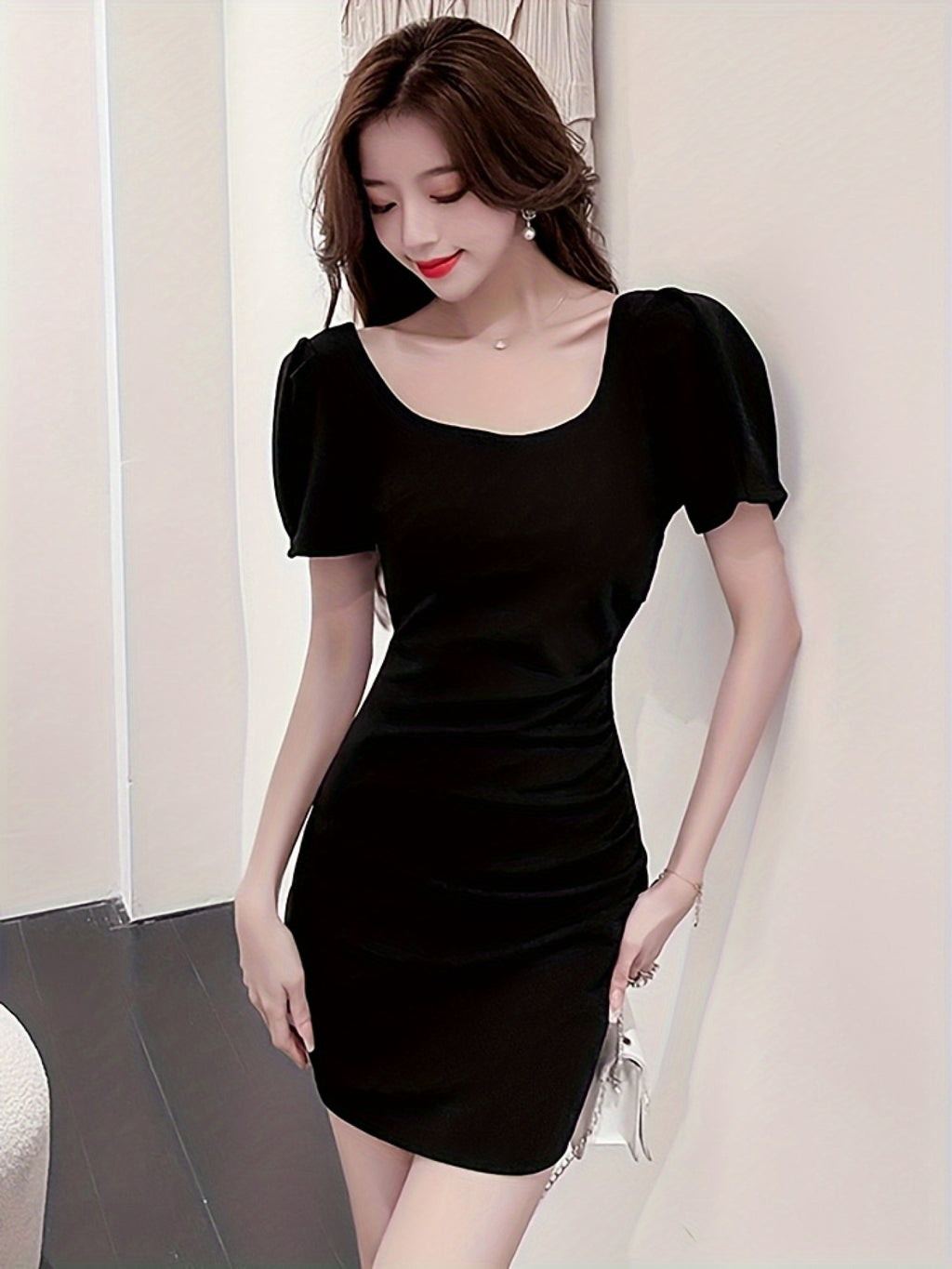 Women's Elegant Black Formal\u002FParty\u002FOffice Dress - Square Neck, H-Silhouette, Chic Evening Outfits for Women, Party Attire, Puff Sleeve Design, Smooth Fabric, Bodycon Silhouette, Fashion Lovers