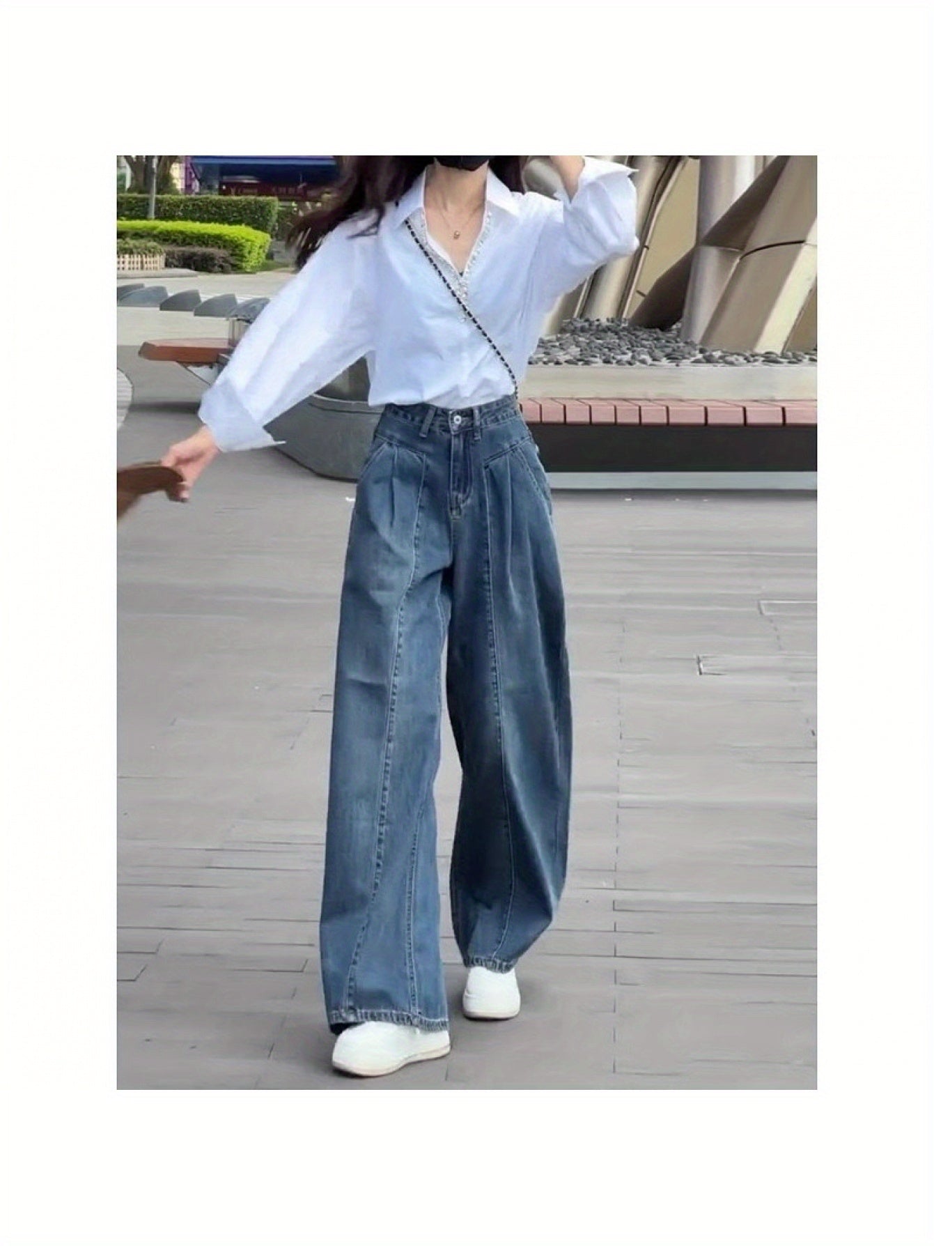 Women's Retro High-Waisted Wide-Leg Jeans - Tummy Control, Drop Crotch, Loose Fit for Pear-Shaped Silhouette, Solid Color Autumn Casual Pants