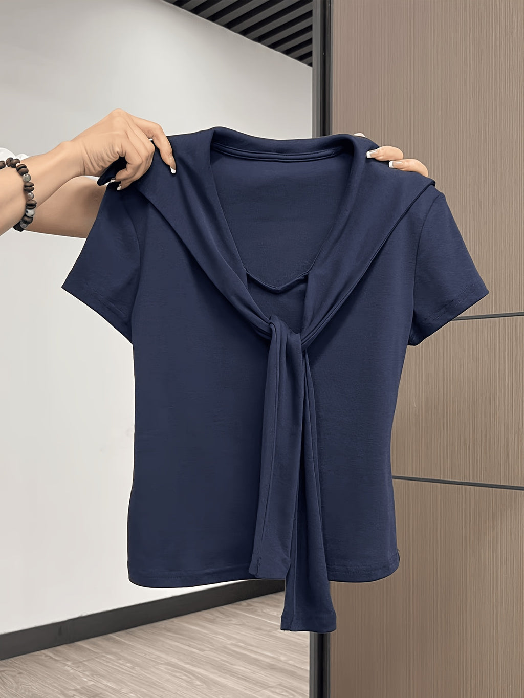 Women'S Elegant Navy Blue V-Neck T-Shirt - Slim Fit Blouse with Tie-like Front, Lightweight Everyday & Formal Tops for Office, Dates, Parties - Machine Washable Women'S Clothing, Date Night Top, Sophisticated Casual Wear, Skinfriendly Fabric