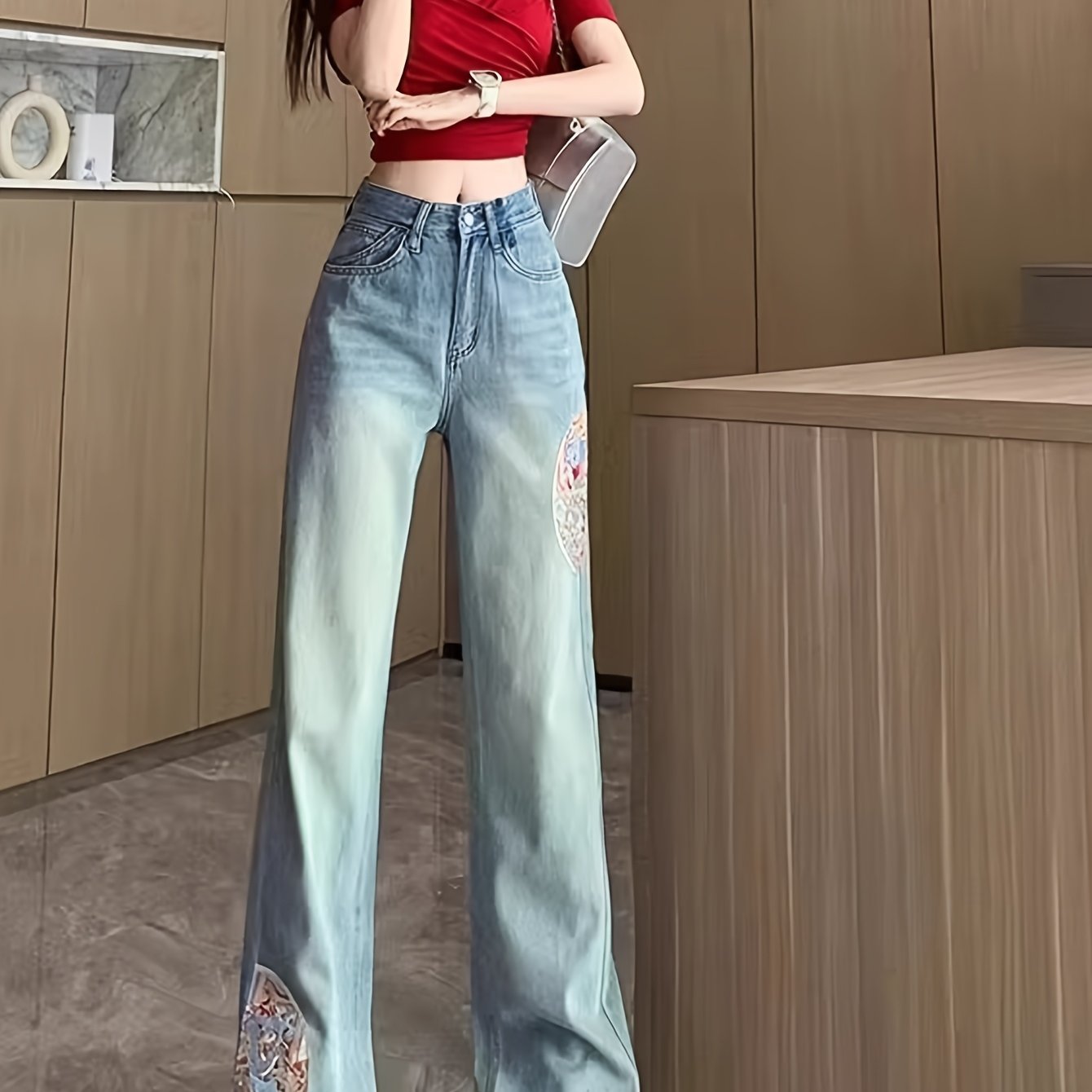 Y2K Aesthetic 2025 Summer & Autumn Women'S High Waist Vintage Wide Leg Jeans - 90s Retro Stretch Denim Pants with Artistic Embroidery, Destroyed Hem & Distressed Wash for Trendy Street Style Outfits