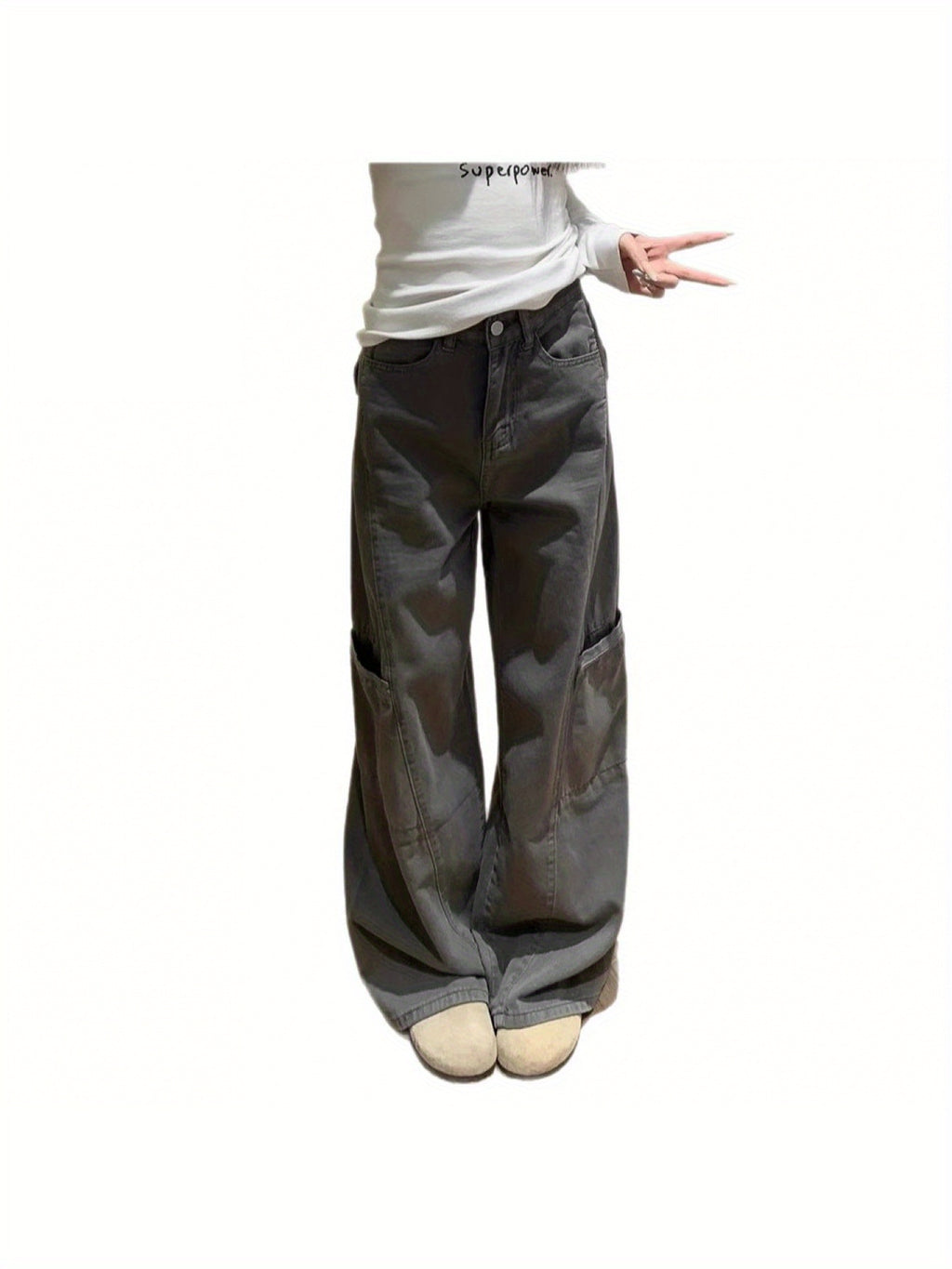 Gray Wide-Leg Cargo Pants for Women, Summer New Style, Plus Size, Loose Fit, Pear-Shaped Body, Straight-Leg Jeans