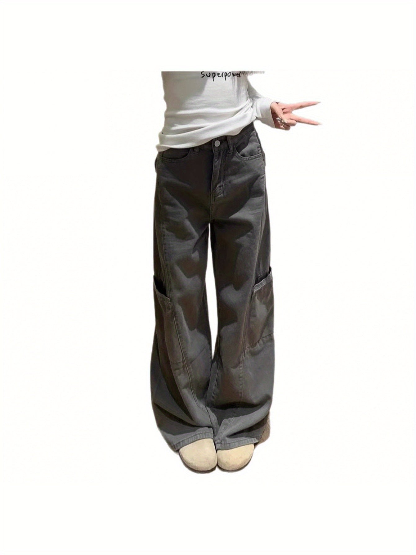 Gray Wide-Leg Cargo Pants for Women, Summer New Style, Plus Size, Loose Fit, Pear-Shaped Body, Straight-Leg Jeans