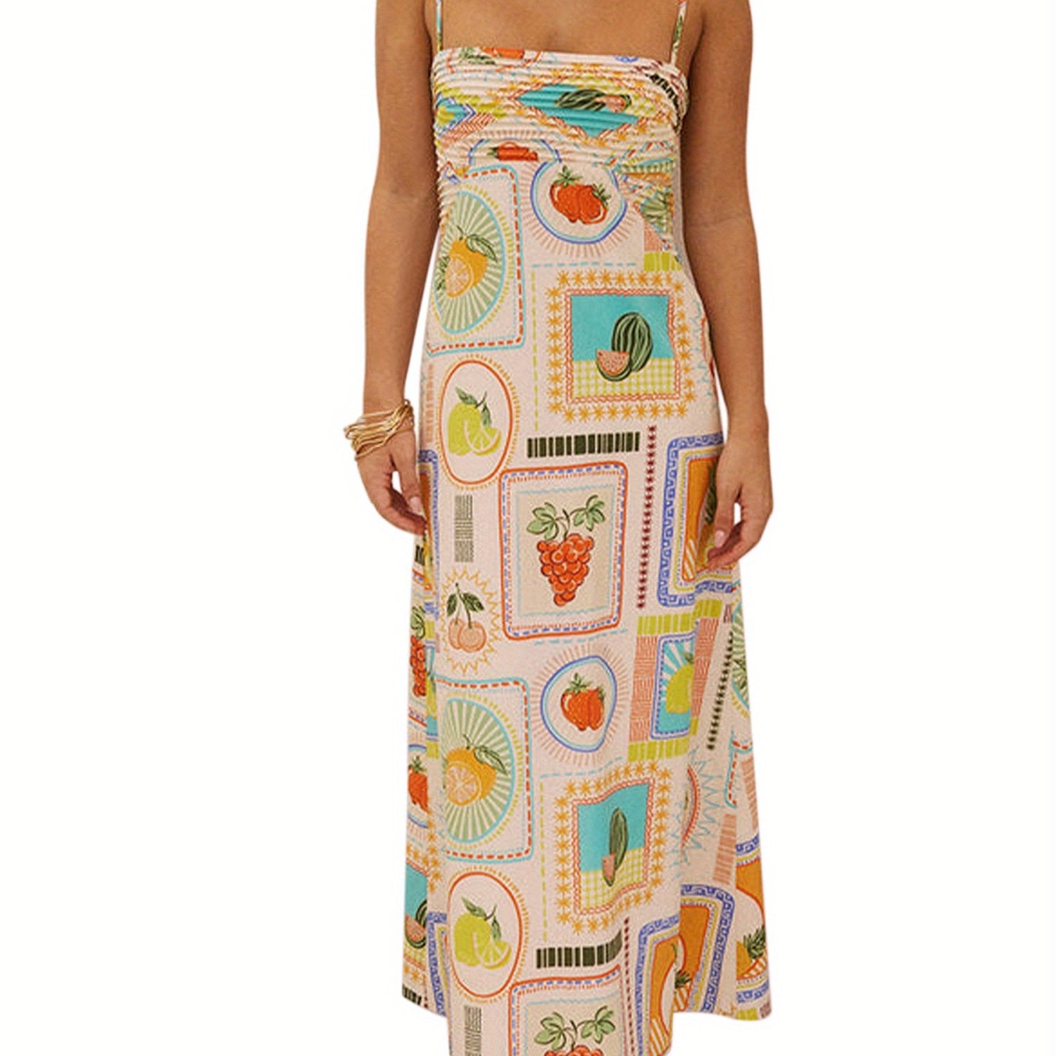 1pc Boho Chic Off-Shoulder Slingback Midi Dress for Women - Polyester Knit Fabric, Fruit & Vegetable Print, Sleeveless with Spaghetti Straps, Backless Design, Casual Summer Beachwear