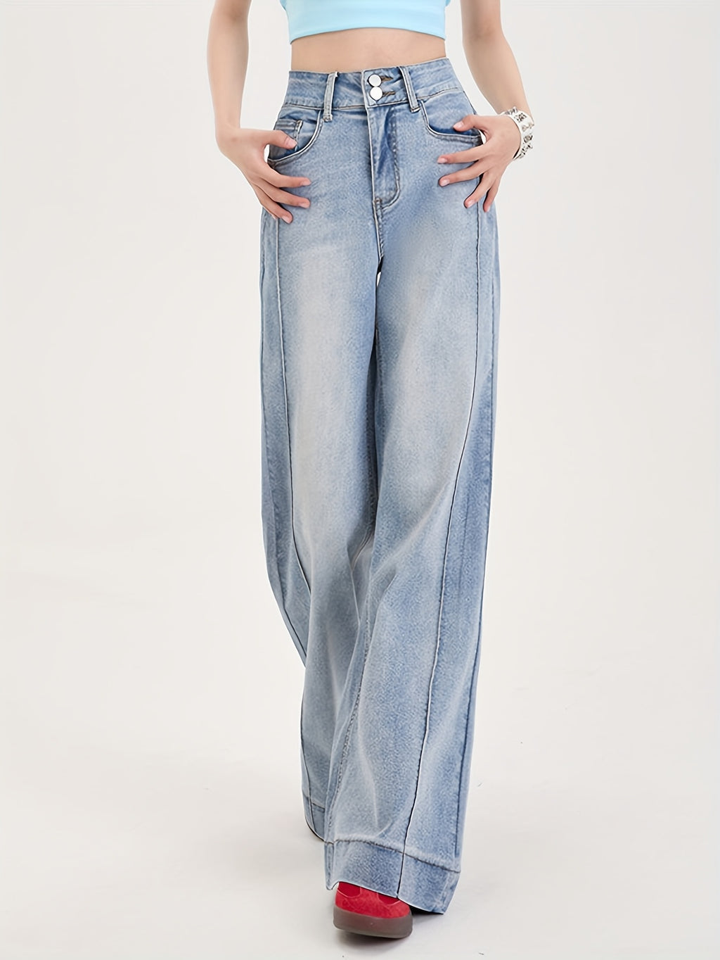 2025 New Season Women's Relaxed Fit Wide Leg Denim Jeans - Soft Stretch Vintage Streetwear Style Pants with Subtle Embroidery & Light Distressing, Machine Washable for Spring Summer Fall Casual Comfort, Everyday Fashion, Stretchy Fabric