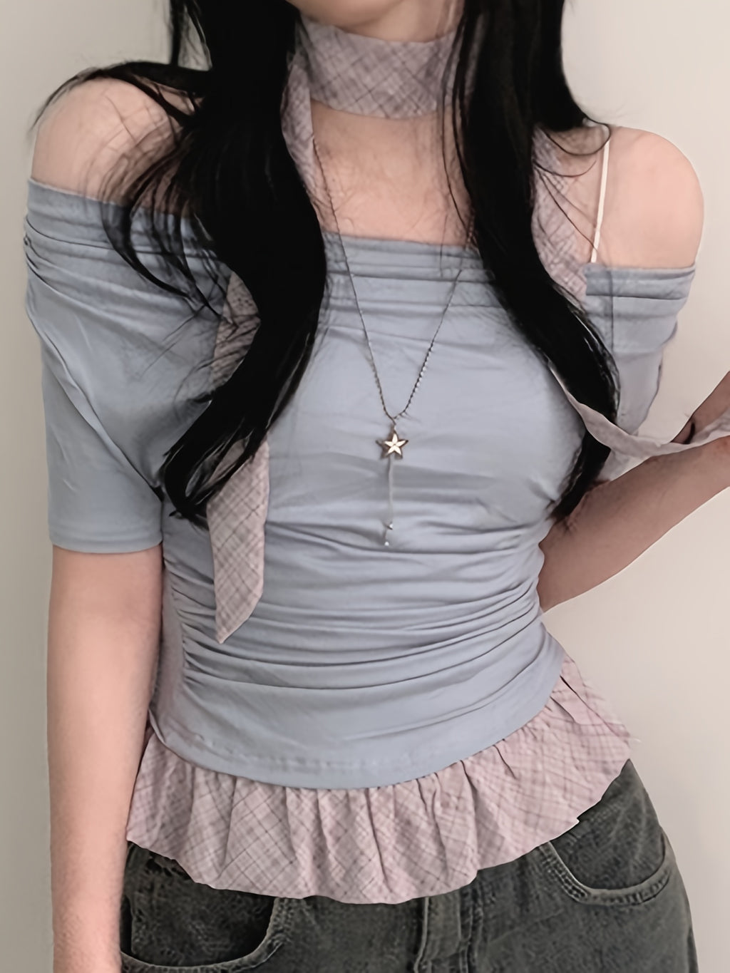 Chic Off-Shoulder Ruffle Trim T-Shirt for Women - Light Blue Gingham Check with White Stripes, Short Sleeve, Ruffle Detail, Perfect for Spring\u002FSummer, Casual Wear Tee|Ruffle Detail Shirt|Glossy Texture