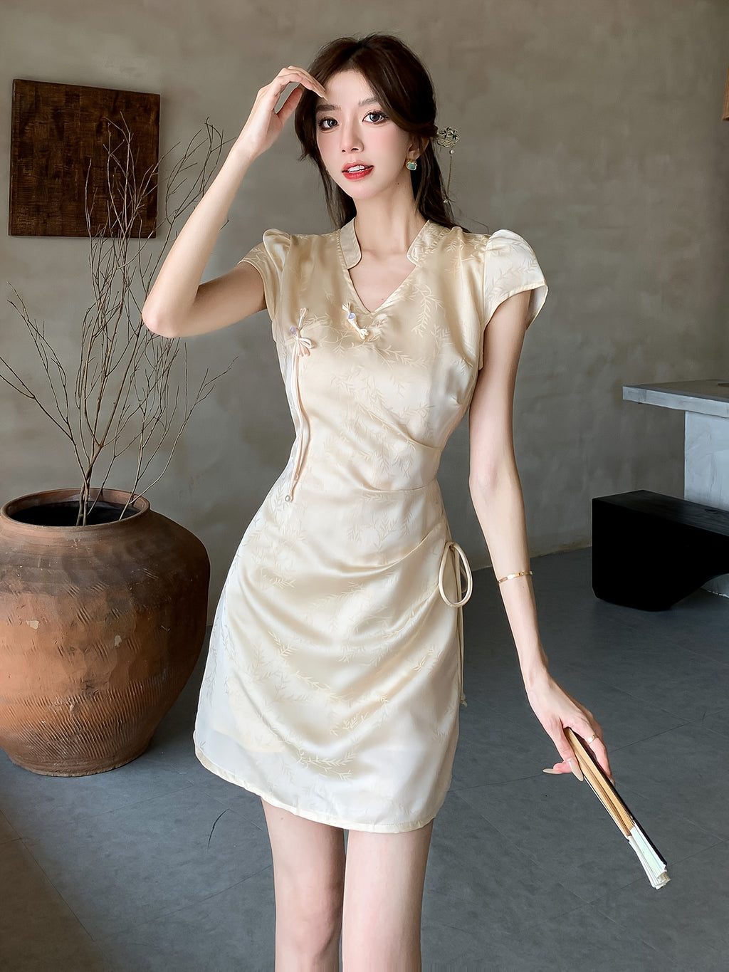 Jacquard Satin Lace-Up Drawstring Elegant Dress