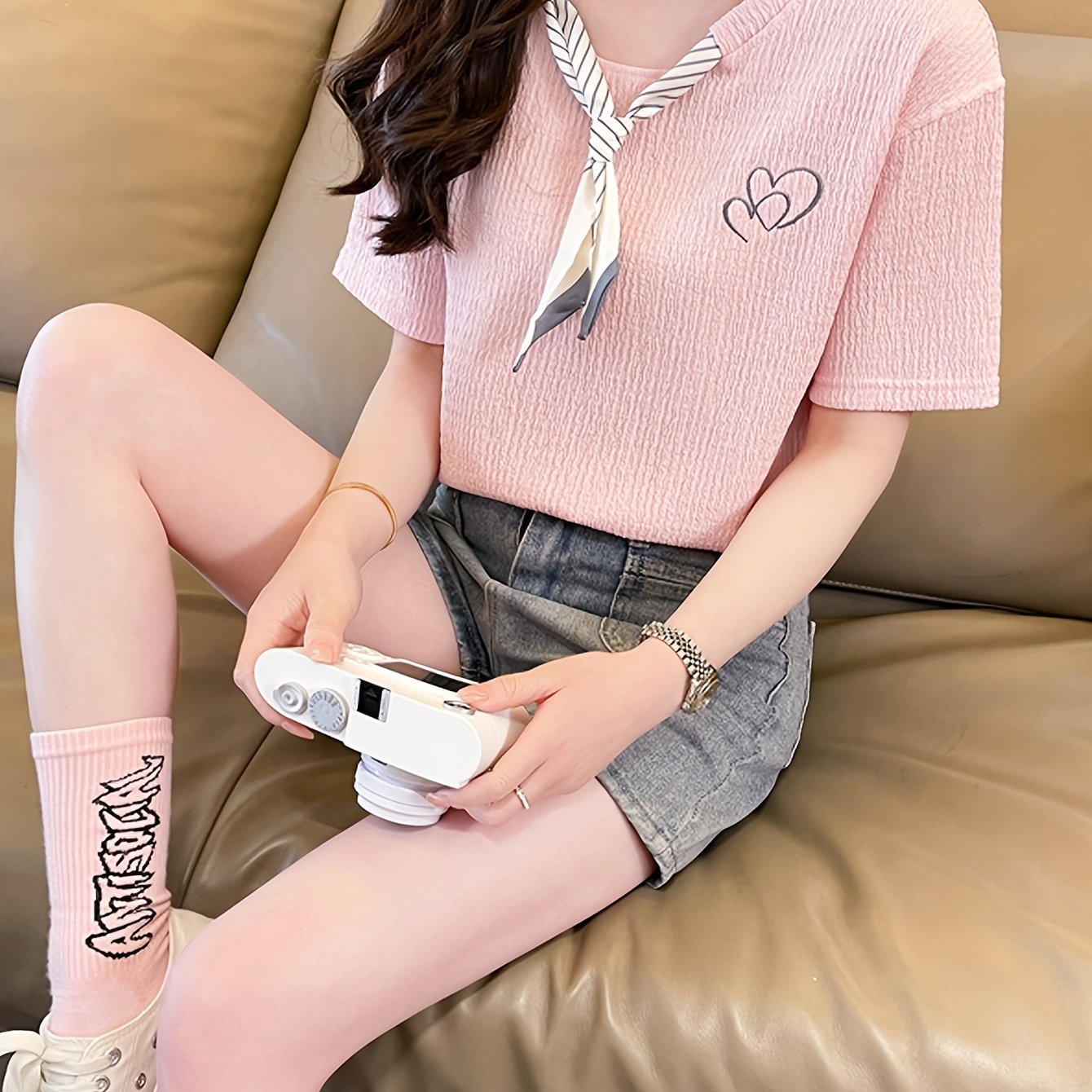 Women's Summer Casual Short Sleeve T-Shirt - Embroidered Heart Design, Relaxed Fit, Breathable Fabric, Machine Washable, Friendly, Japanese Korean Fashion Style, Cute Short Sleeve Tops, Twisted Neck Design, Durable Casual Attire, Textured Fabric Tee