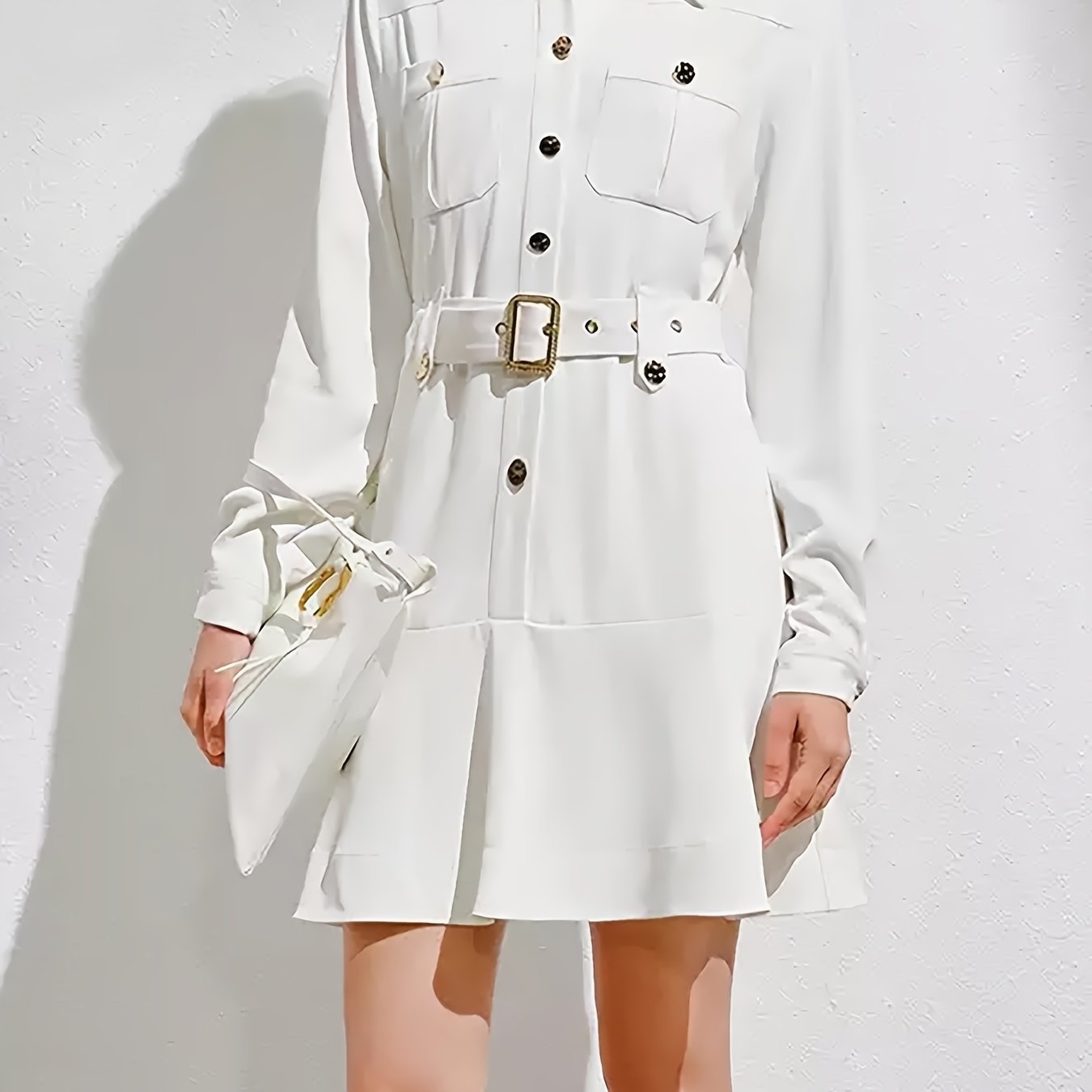 Long-Sleeve White Shirt Dress Elegant Elegant Long-Sleeve White Shirt Dress, Collar, Polyester and Elastane Blend, Machine Washable - Perfect for Spring\u002FAutumn