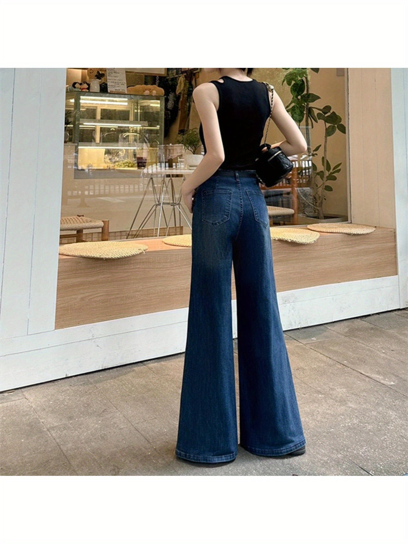 Hong Kong Style Retro Dark Blue Draped Flared Jeans for Women, Spring and Autumn, Petite Loose Wide-Leg Pants, Floor-Length Trousers