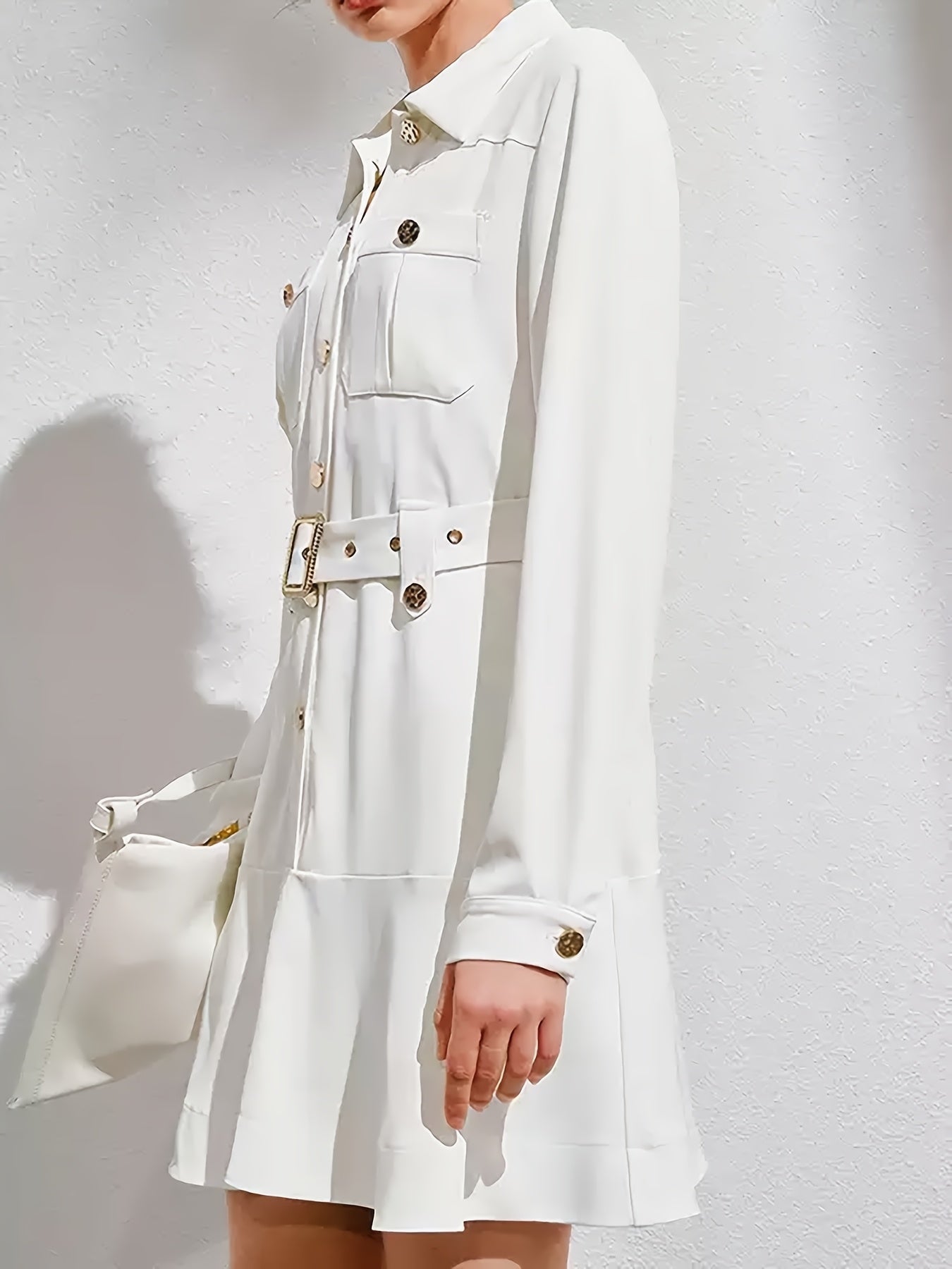 Long-Sleeve White Shirt Dress Elegant Elegant Long-Sleeve White Shirt Dress, Collar, Polyester and Elastane Blend, Machine Washable - Perfect for Spring\u002FAutumn
