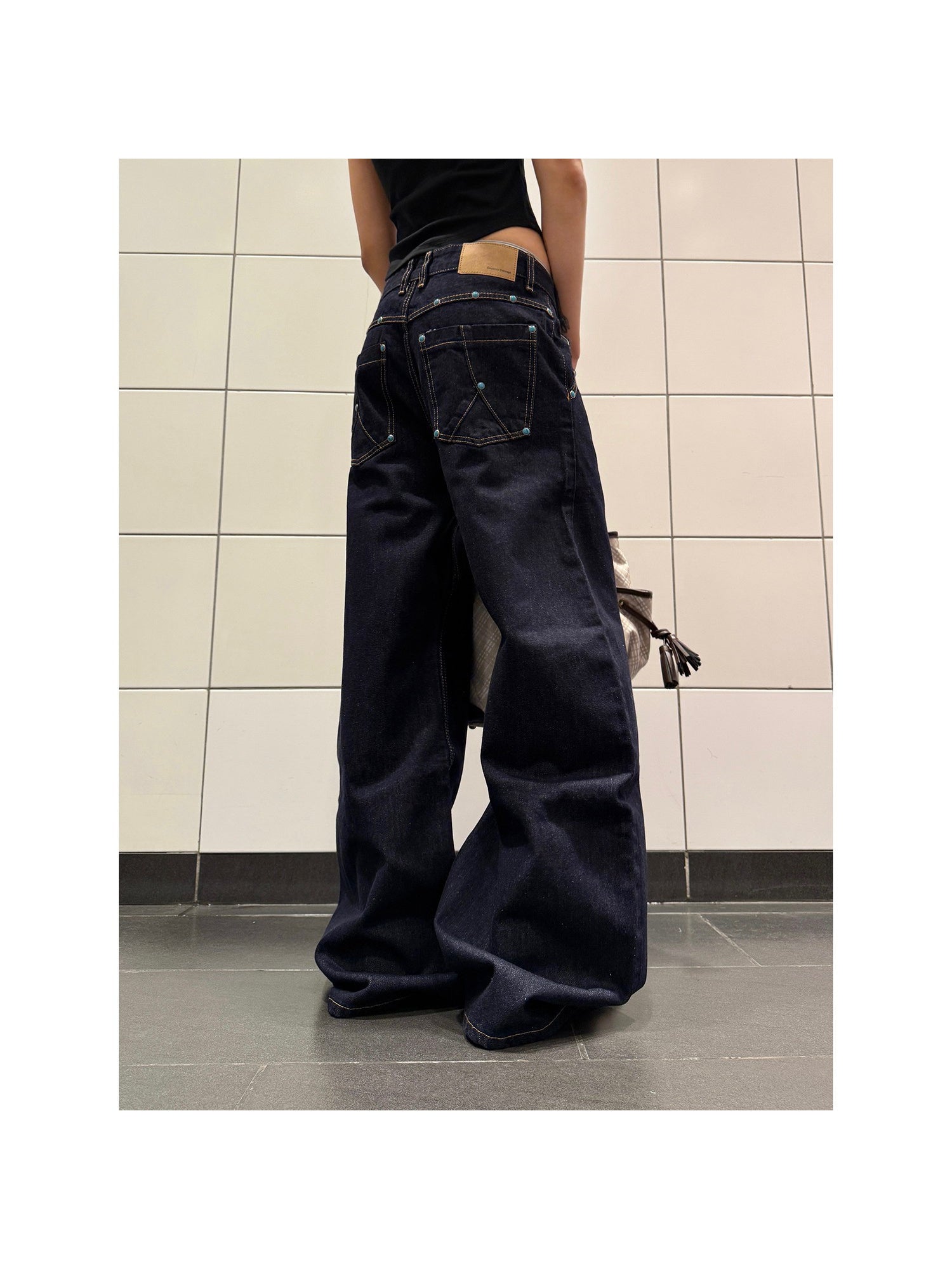 Women's High-Waisted Retro Turquoise Scimitar Jeans - A-Line Straight Wide-Leg Stretch Denim Pants with Beltless Design & Built-In Zipper Closure, All-Season Casual to Semi-Formal Wear, Machine Washable (Original Color, Unisex Style)