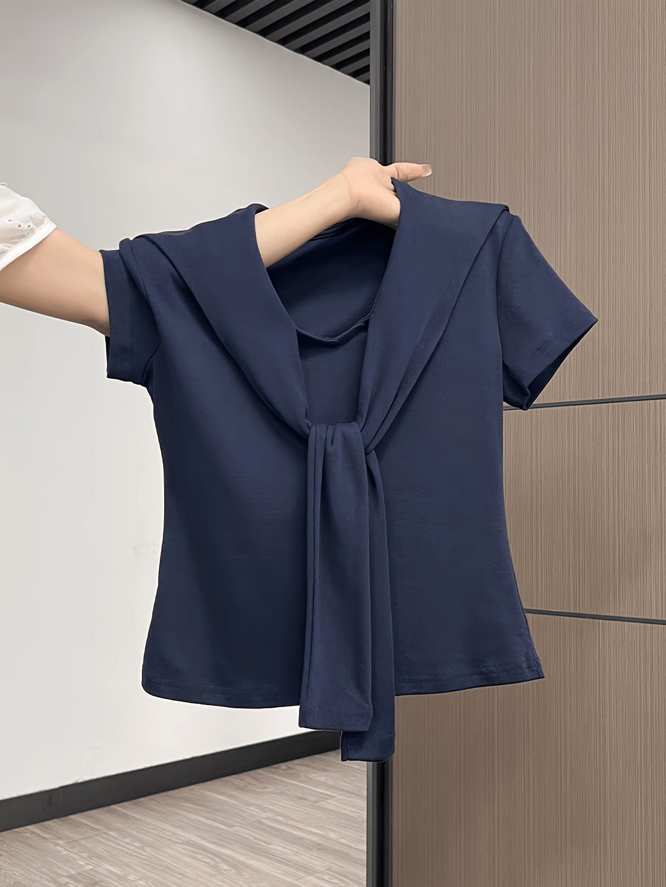 Women'S Elegant Navy Blue V-Neck T-Shirt - Slim Fit Blouse with Tie-like Front, Lightweight Everyday & Formal Tops for Office, Dates, Parties - Machine Washable Women'S Clothing, Date Night Top, Sophisticated Casual Wear, Skinfriendly Fabric